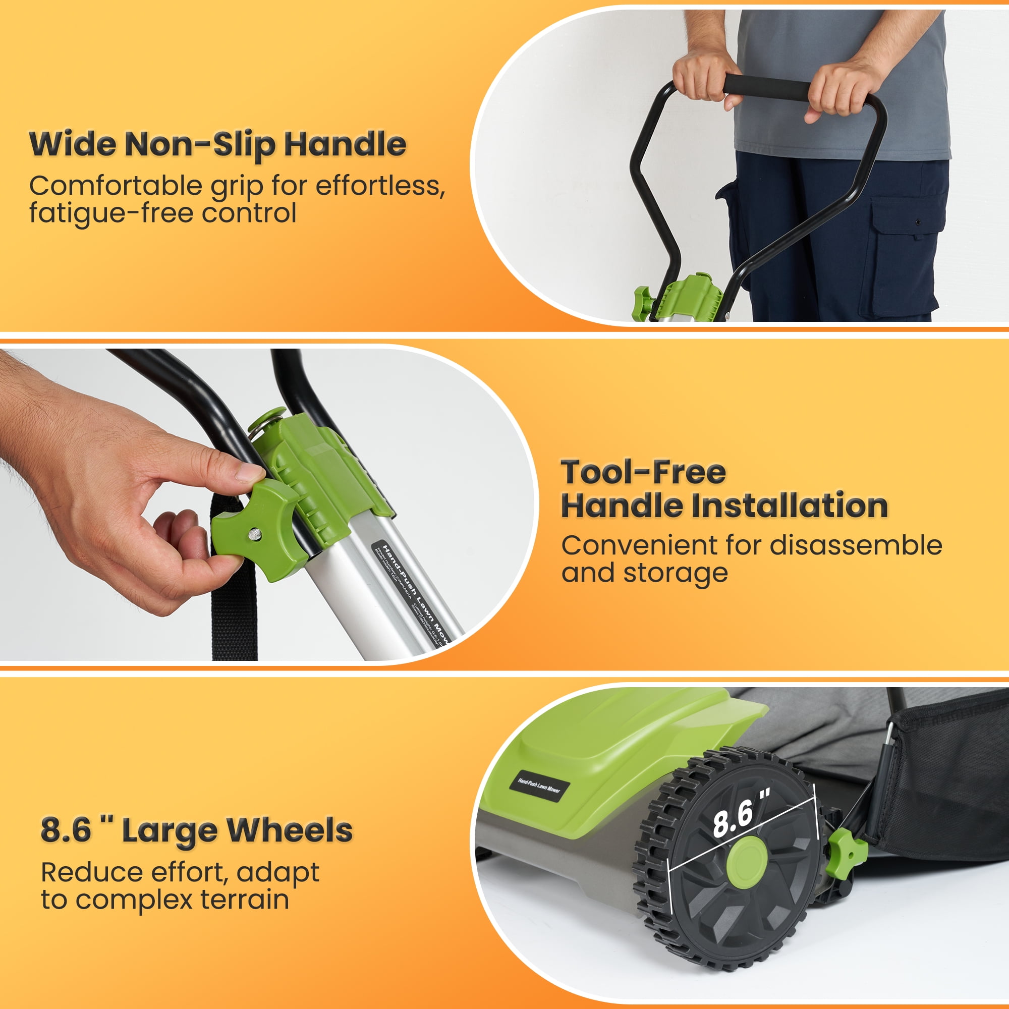 Naipo Manual Push Reel Lawn Mower, 16-in Cutting Width, 5-Blade System, 6 Adjustable Heights, Includes 8-Gallon Grass Catcher (Green) 9na7t