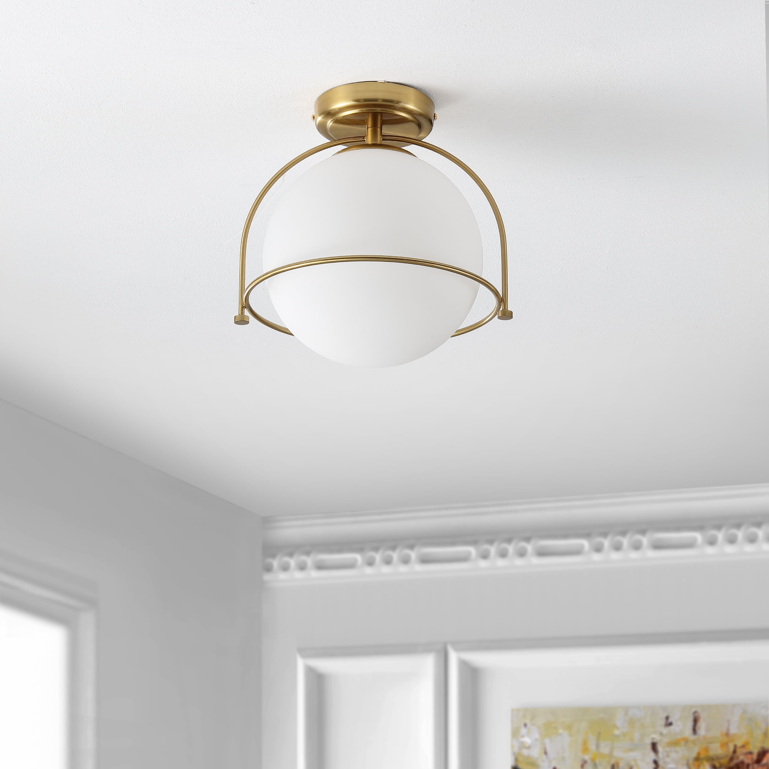 Safavieh Valise Mid-Century Flush Mount Ceiling Light with White Glass Globe (Gold, 11 in.) wxzsd
