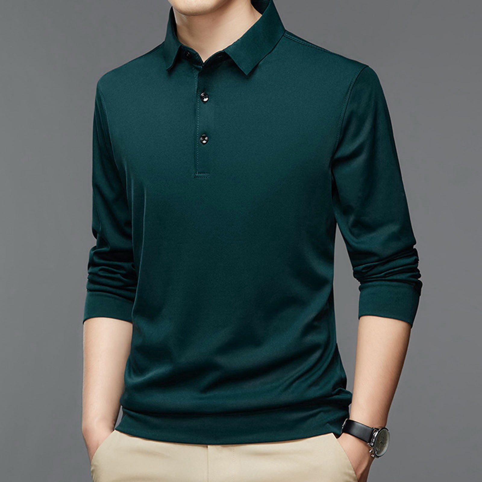 Ketyyh-chn99 Mens Gradient Print Polo Shirt Long Sleeve V Neck Slim Fit Casual Pullover (Green, 2XL) jvmkx