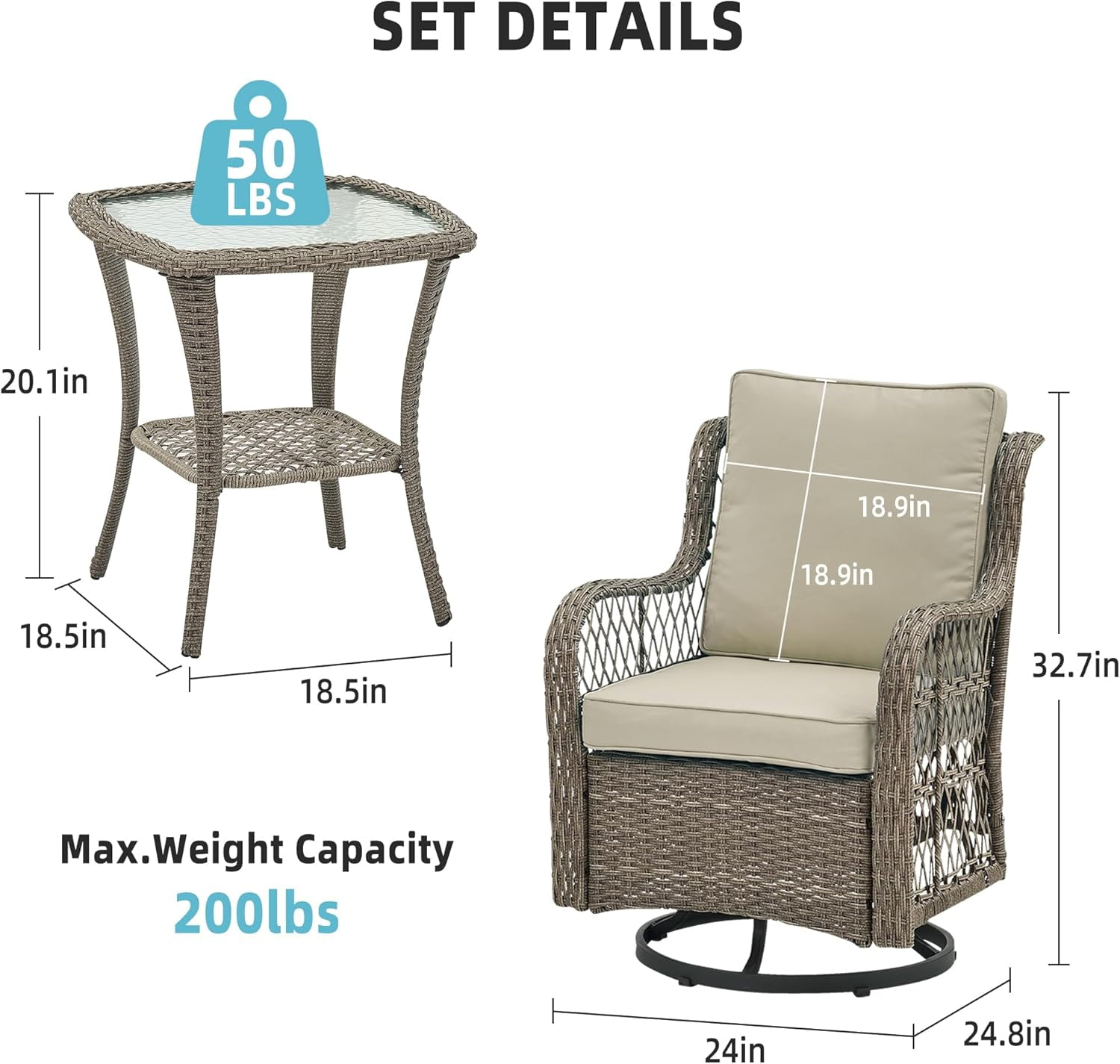 IdealHouse 3-Piece Wicker Patio Swivel Rocker Set (Grey & Apricot, 2 Glider Chairs with Side Table) 9tsuc