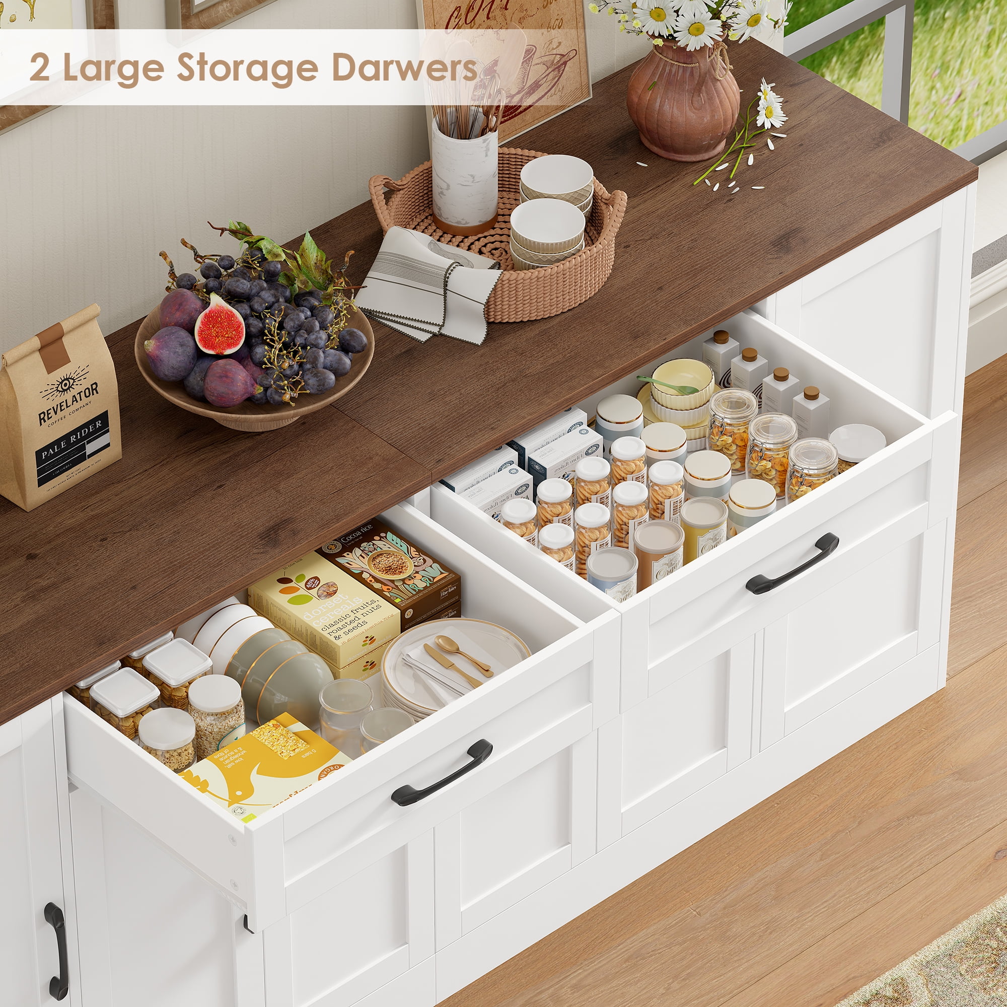 Hiphuta Modern Farmhouse Buffet Cabinet, Sideboard with 6 Doors and 2 Drawers for Kitchen and Dining Room (White, 70.87 in W x 15.75 in D x 34.25 in H) j9ays