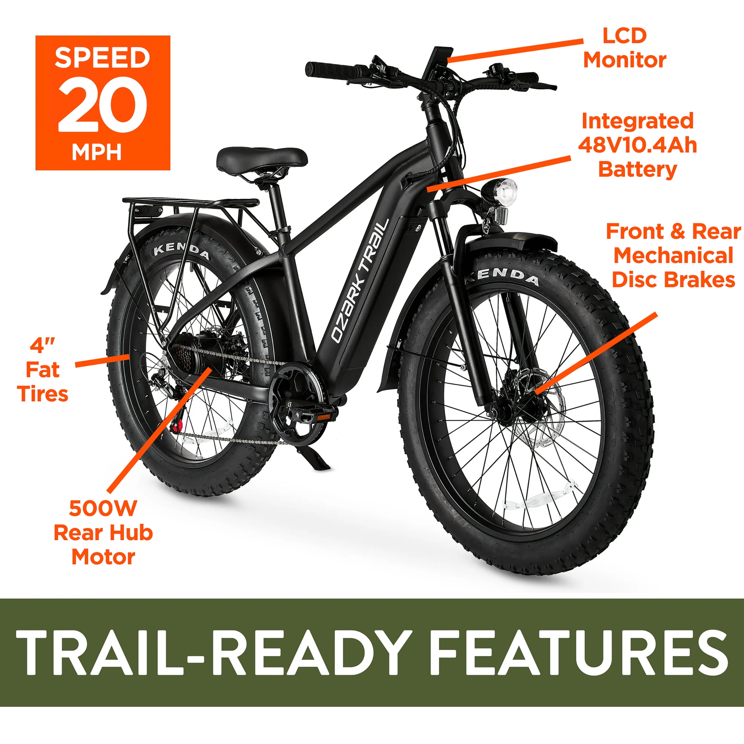 Ozark Trail M.3 Ranger+ Electric Fat Tire Bike, All-Terrain Commuter, 500W Motor, 48V Battery (Black, 26 in) b3y3l