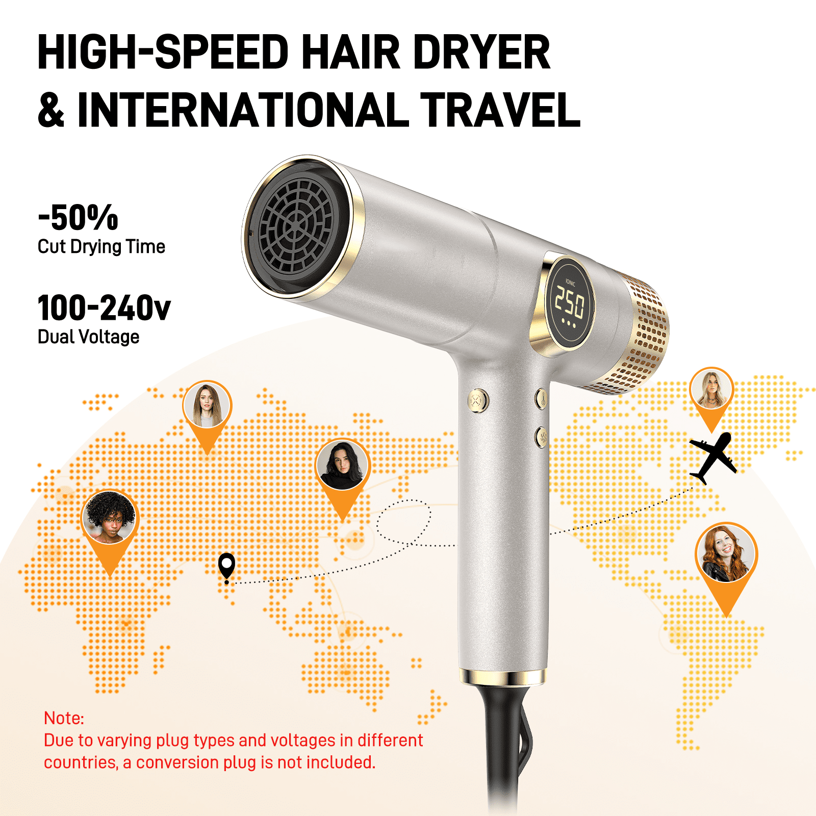 RACCOMB Professional Ionic Hair Dryer, High-Speed Salon Blow Dryer with 3 Attachments (Gold, 1 Unit) iiozx