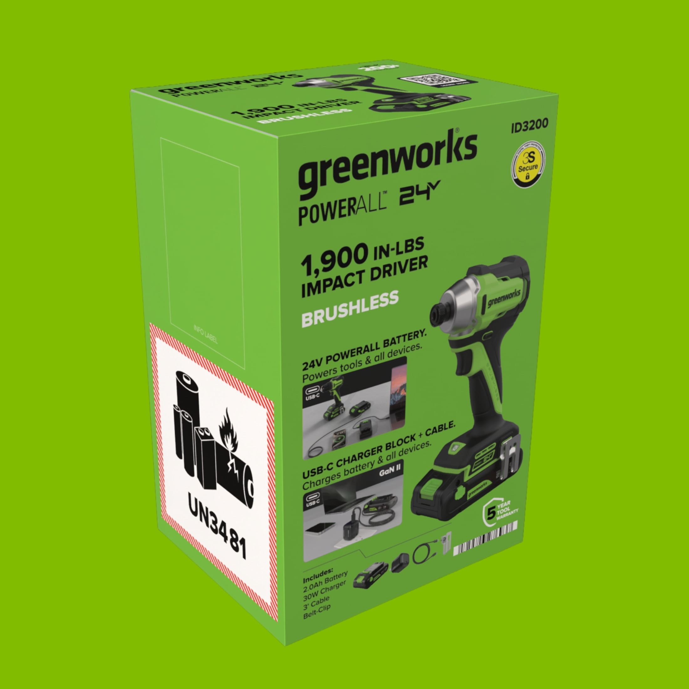 Greenworks PowerAll 24V Brushless Impact Driver Kit with 2.0 Ah USB-C Battery and Charger (Green, 4.7 in) a0xpd