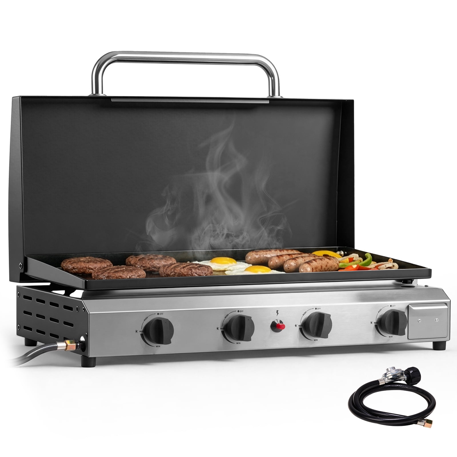 Ktaxon 4-Burner Propane Gas Griddle Flat Top Grill with Lid and Ceramic Coated Cast Iron Surface (Black, 30 in x 14 in x 13.5 in) 9c0z4