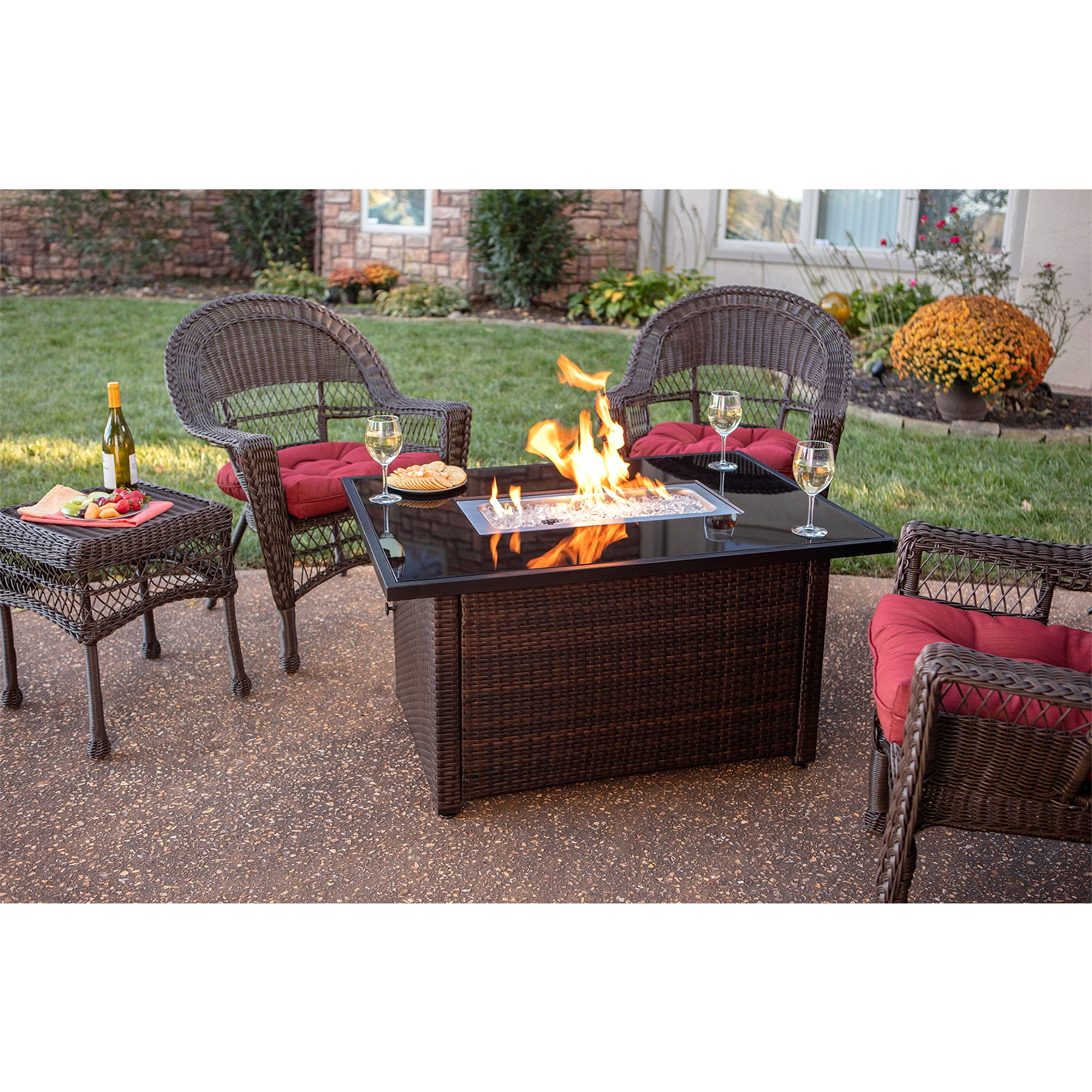 Endless Summer Rectangular Gas Fire Pit Table with Wicker Base and Fire Glass (Brown, 44 x 32 in) 1yljy