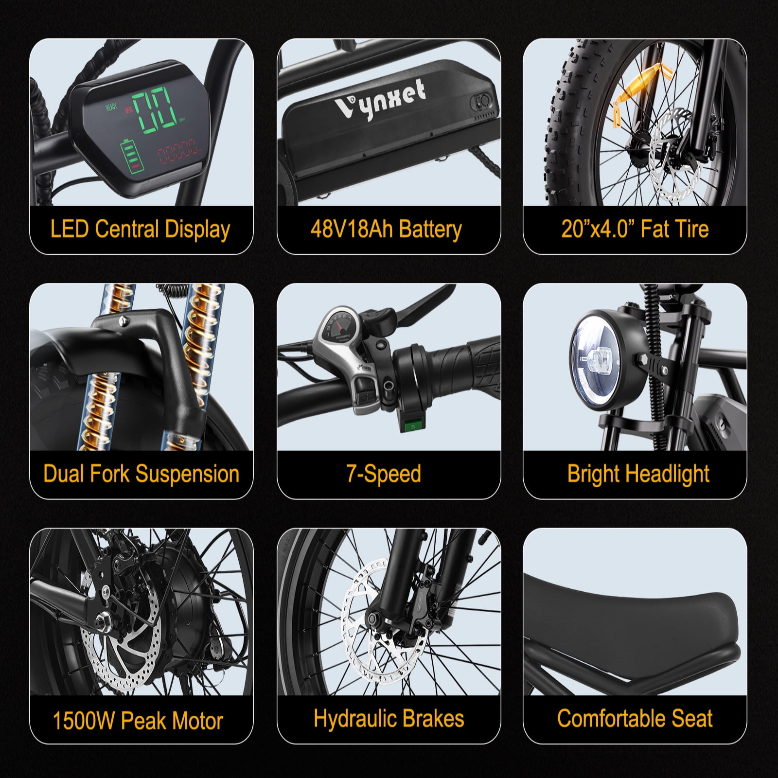 Vynhet G50 Electric Bike, 1500W All-Terrain Fat Tire E-Bike, 32 MPH, 68 Mile Range (Black, 20 in x 4.0 in) 5vcrj