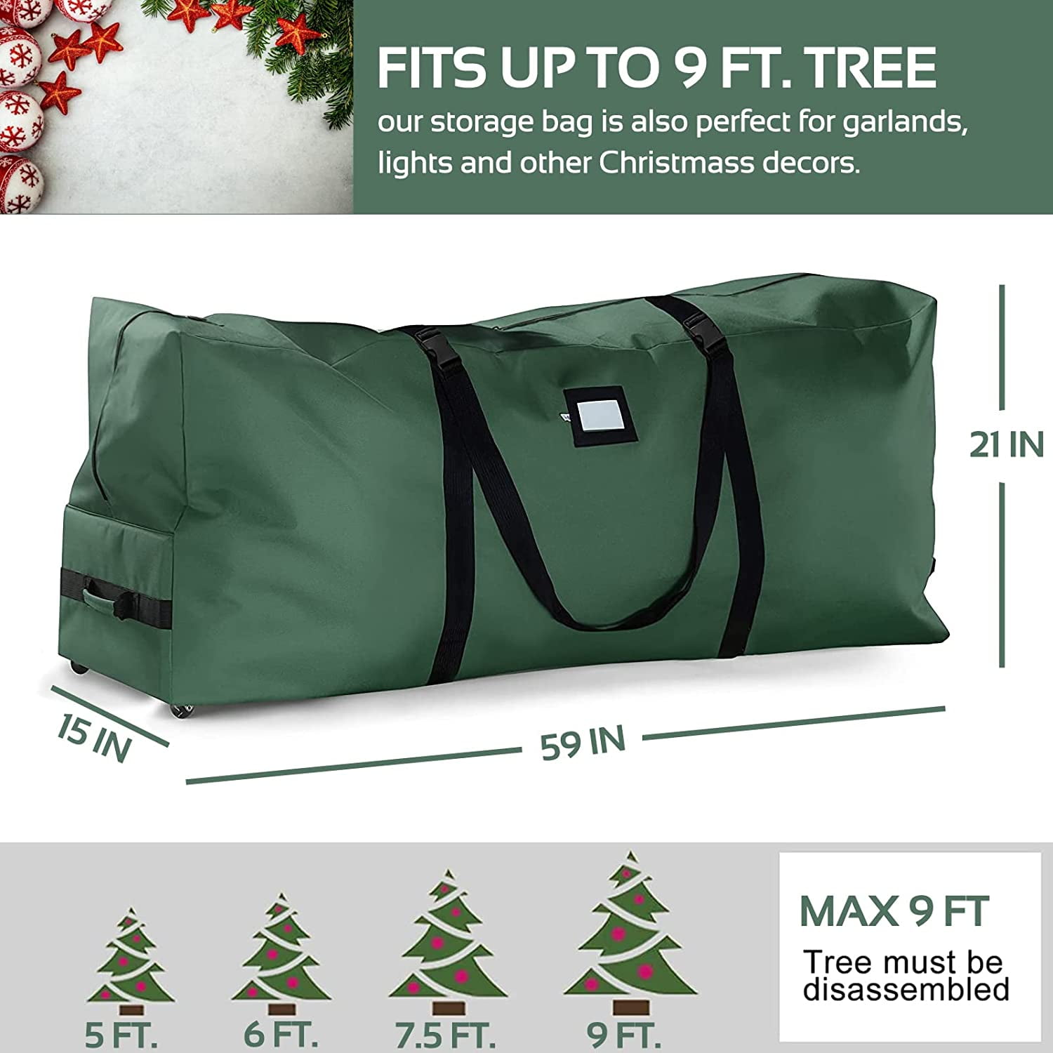 Skywee Rolling Christmas Tree Storage Bag for Artificial Trees up to 9 ft (Green, 1 Pack) 0fok9
