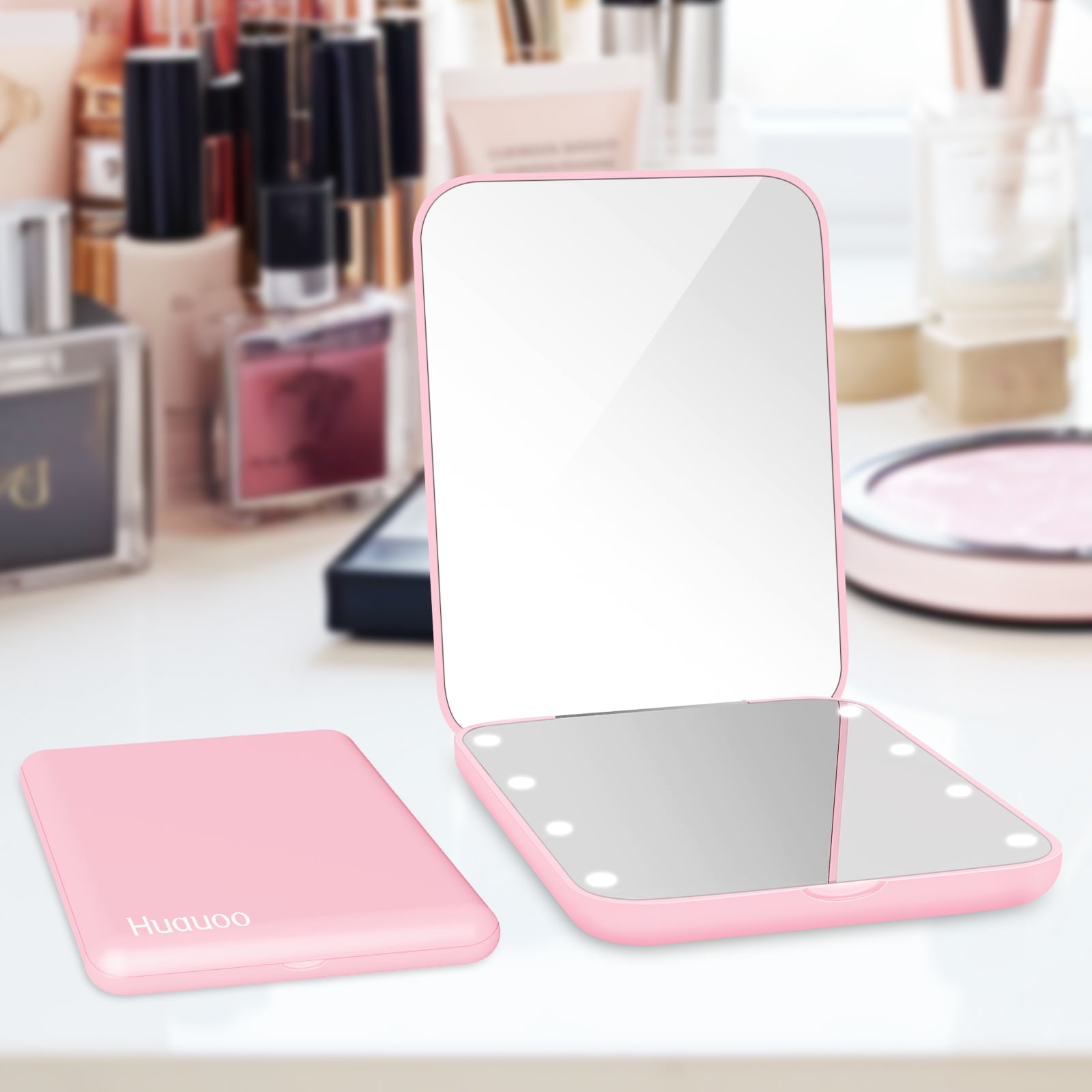 Huauo LED Compact Travel Makeup Mirror, 1X/3X Magnification Portable Pocket Mirror (Pink, 3.5 in) 7nzzc