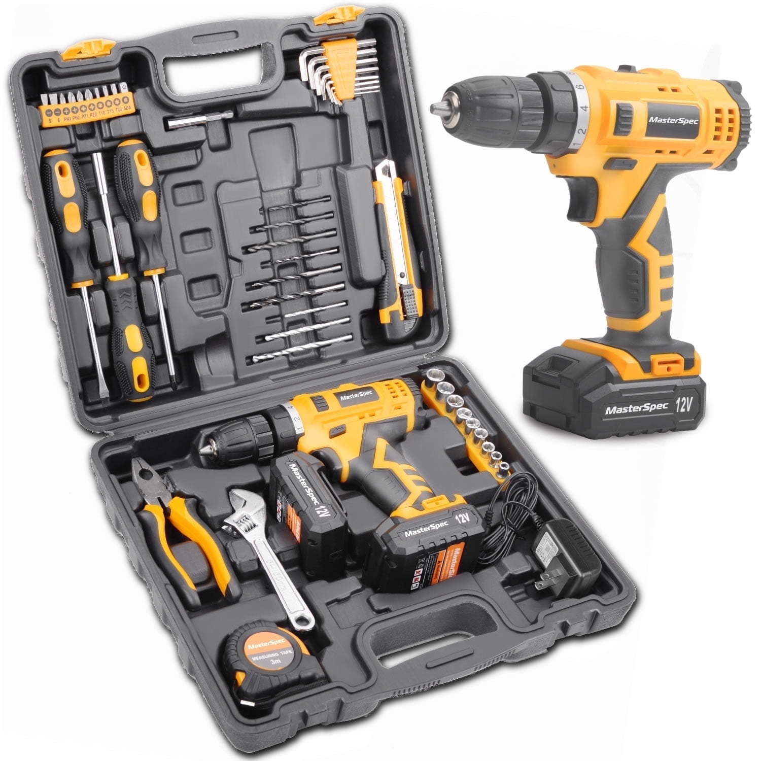MasterSpec 12V Cordless Drill Driver Kit with 2 Batteries and 47PCS Household Hand Tools (Black, 47 Piece Set) p43r3