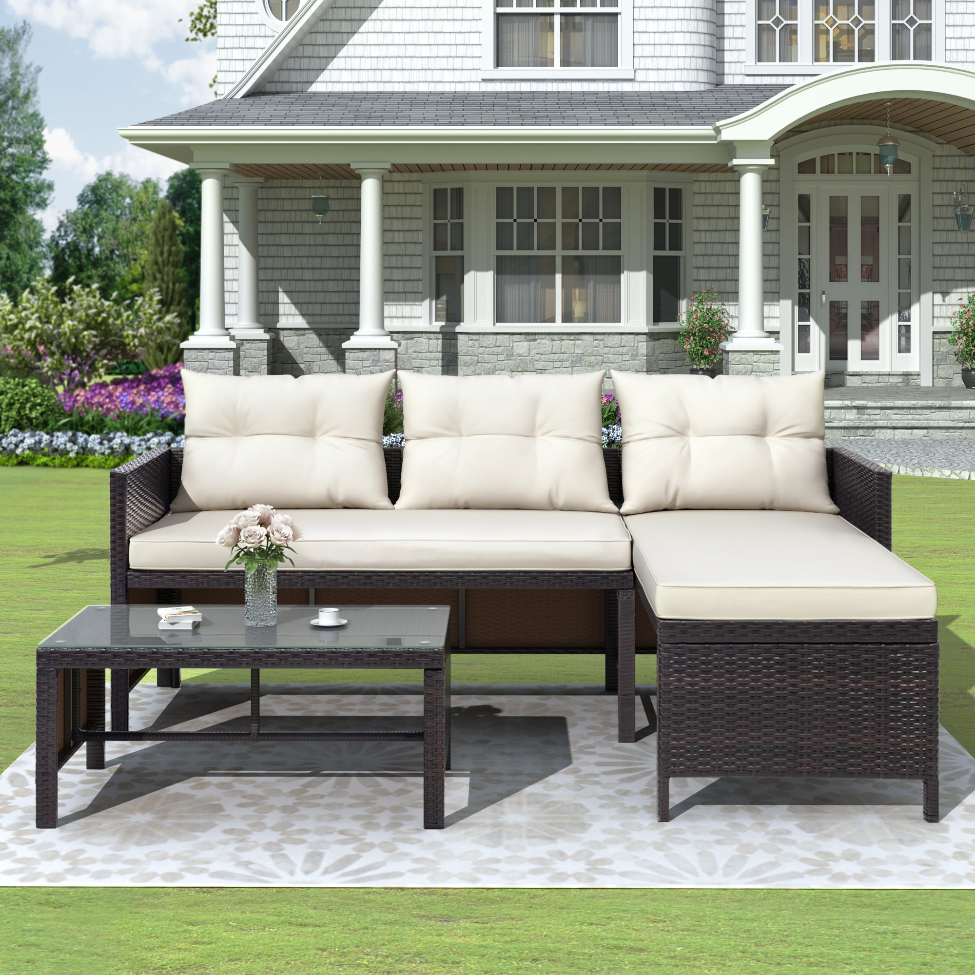 Syngar 3-Piece Outdoor Patio Furniture Sectional Set, PE Rattan Wicker Conversation Set with Cushions and Coffee Table (Beige, 3-Piece Set) 14sg0
