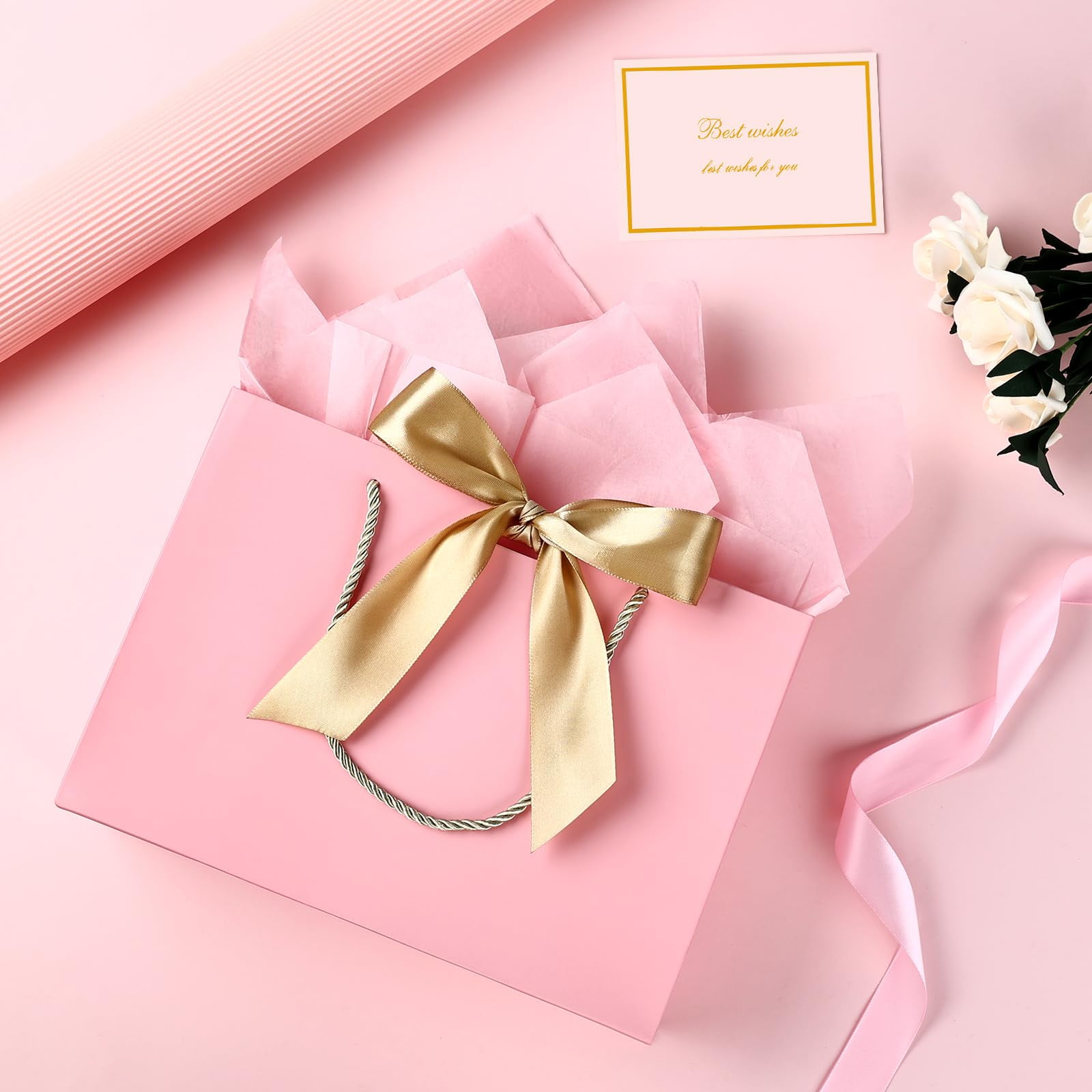 AUCLAY Large Gift Bags with Handles and Tissue Paper for Birthday Wedding Party (Pink, 3 Pack, 12.6 in) b3kws
