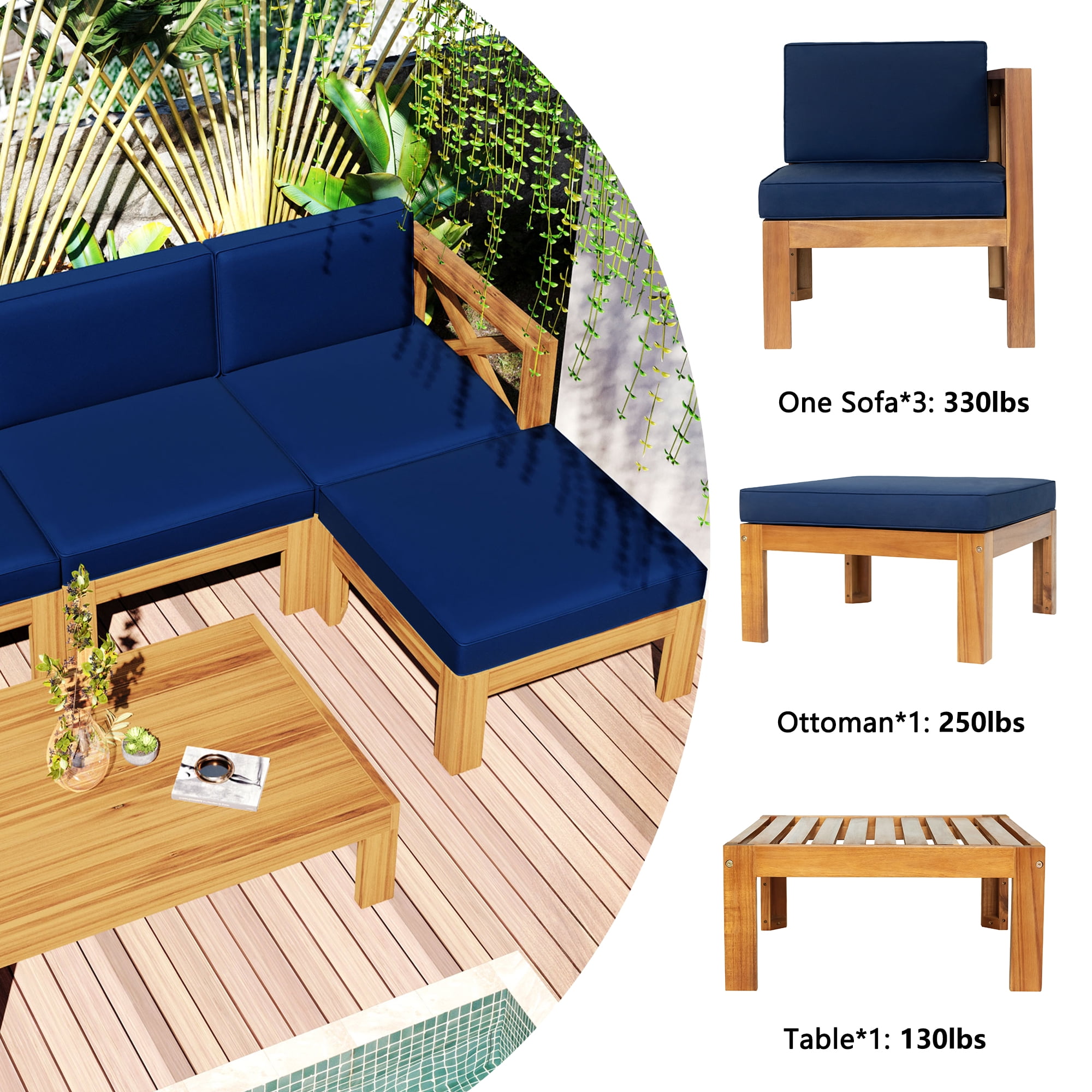 Euroco Outdoor Patio Wood 5-Piece Sectional Sofa Seating Group with Water-Resistant Cushions (Natural Finish, Blue, 5-Piece Set) ym4qv