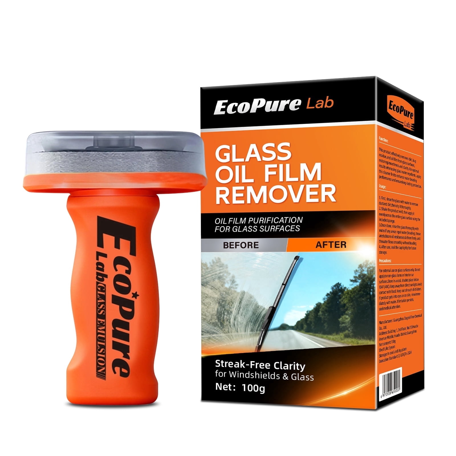 EcoPure Lab Glass Oil Film Remover with Handle (Windshield Cleaner, 3.53 oz) tknah