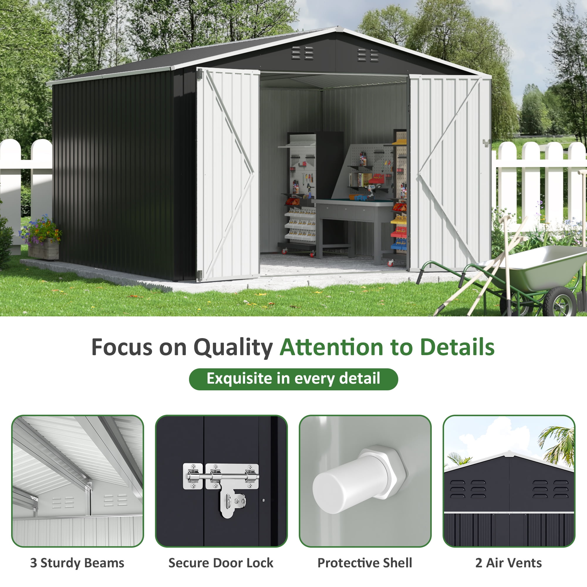 NETAJE Outdoor Metal Storage Shed with Lockable Doors and Sloped Roof (Gray, 10 ft x 10 ft) z15n8
