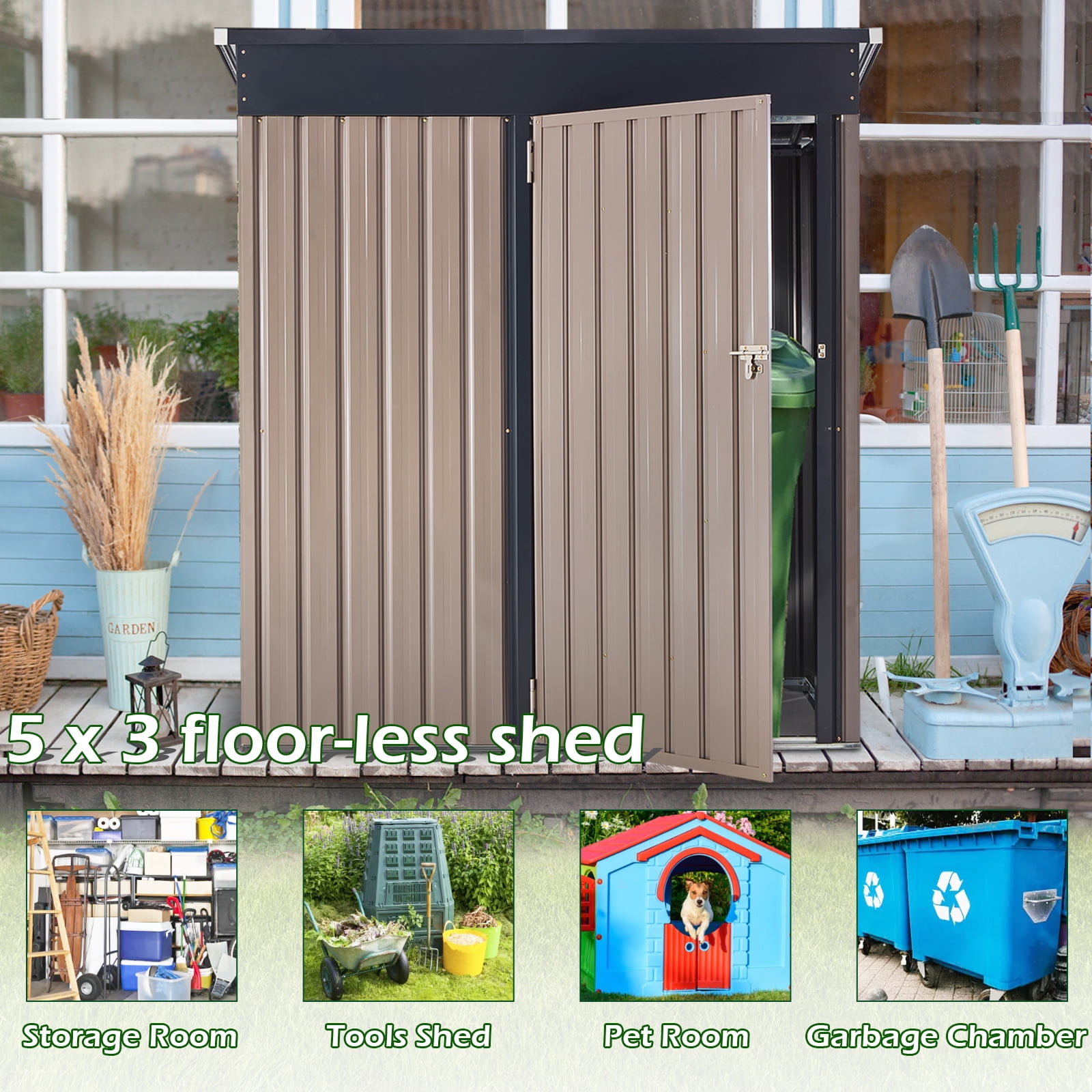 AECOJOY Outdoor Storage Shed Waterproof Horizontal Cabinet for Trash Bins and Bicycles (Brown, 46 cu ft) 6ic0q