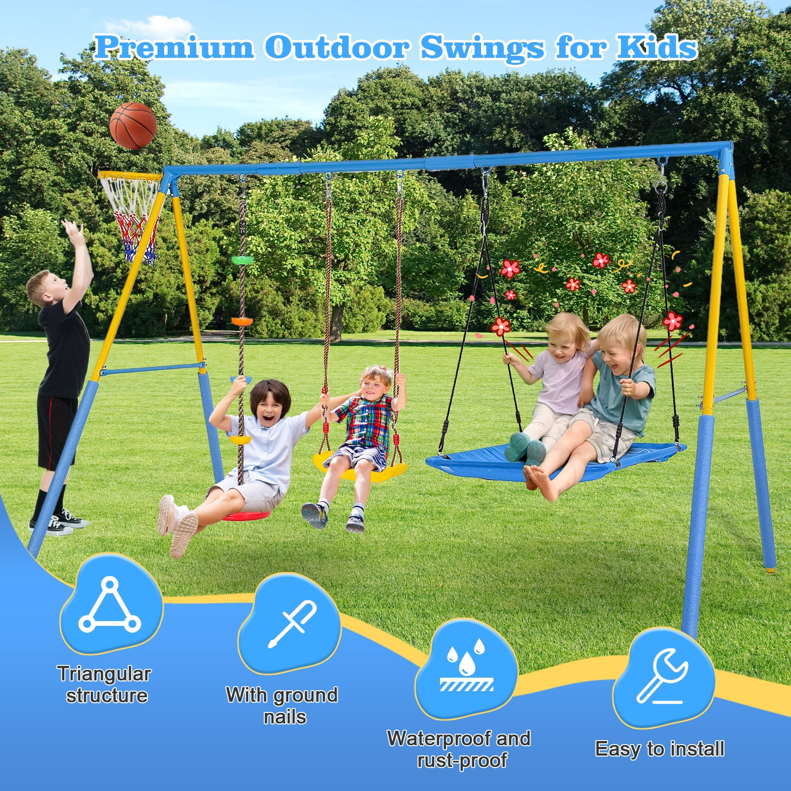 KALNUR 4-in-1 Outdoor Metal Swing Set with Saucer Swing, Climbing Rope, and Basketball Hoop (Blue, 127 in x 79 in x 80 in) qk5dz