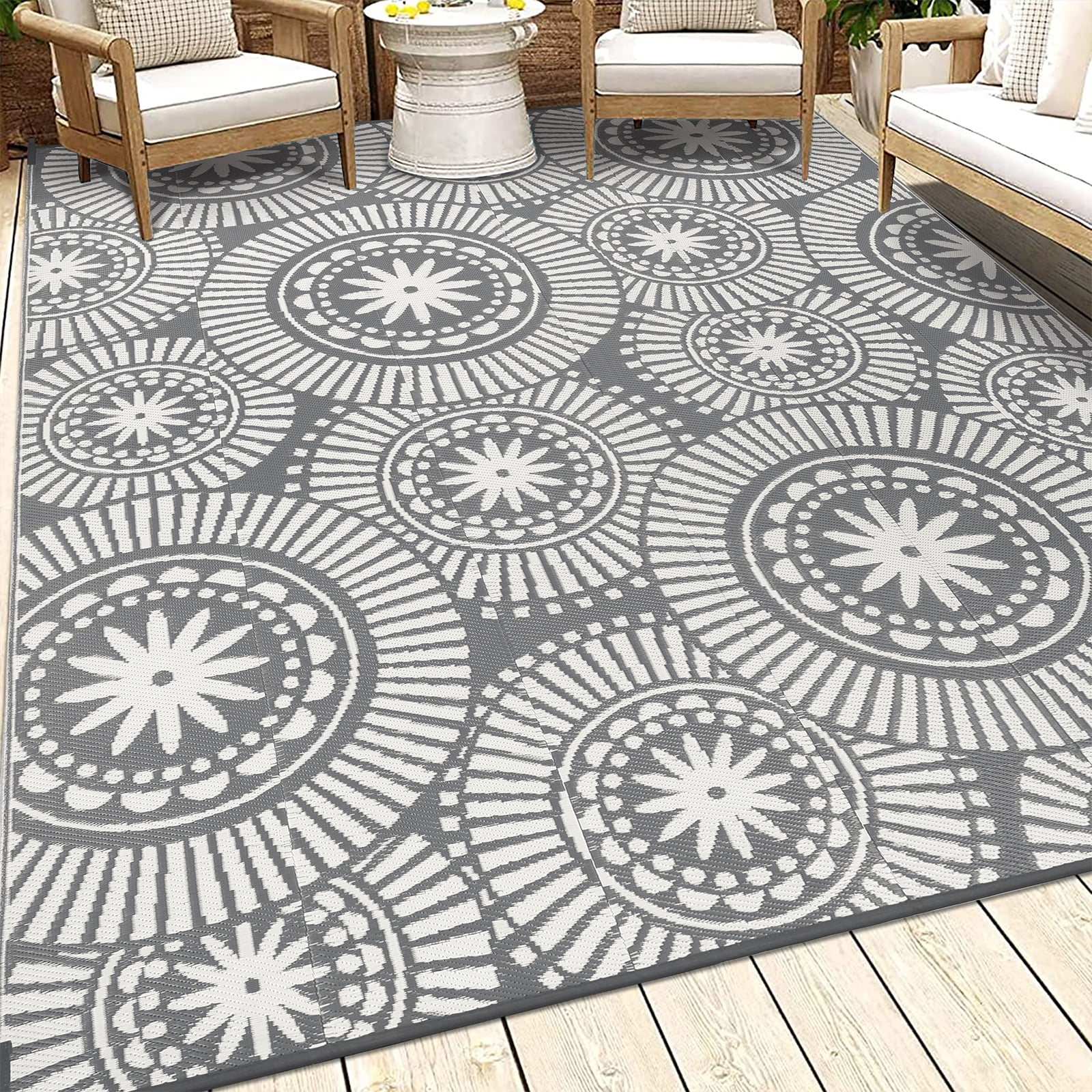 Ileading Reversible Outdoor Rug Floral Waterproof Patio Carpet (Grey, 6 ft Round) dj9ak