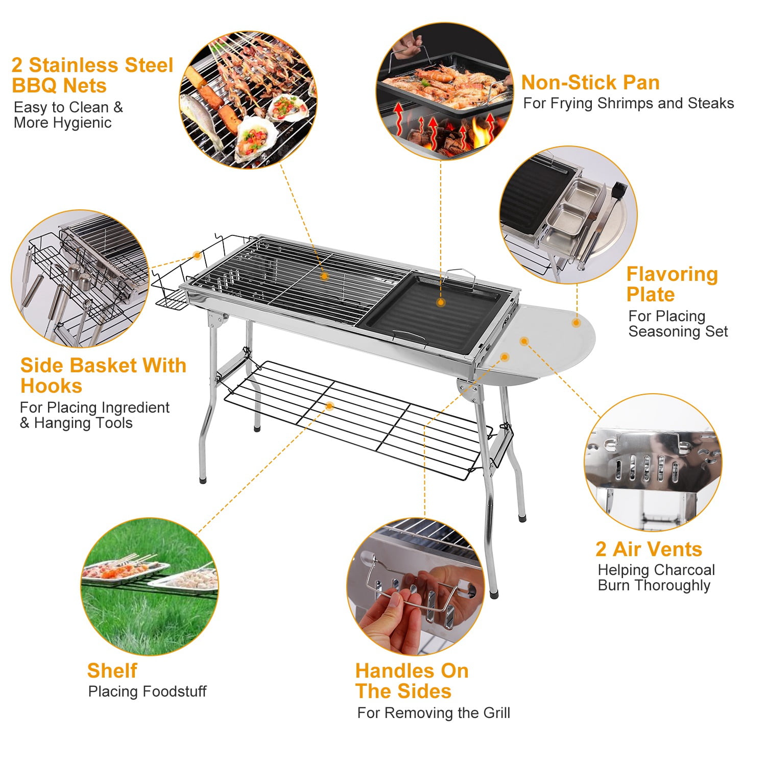 Generic Portable Foldable Charcoal BBQ Grill Stainless Steel Outdoor Cooking Station (Silver, 39 in) svwow