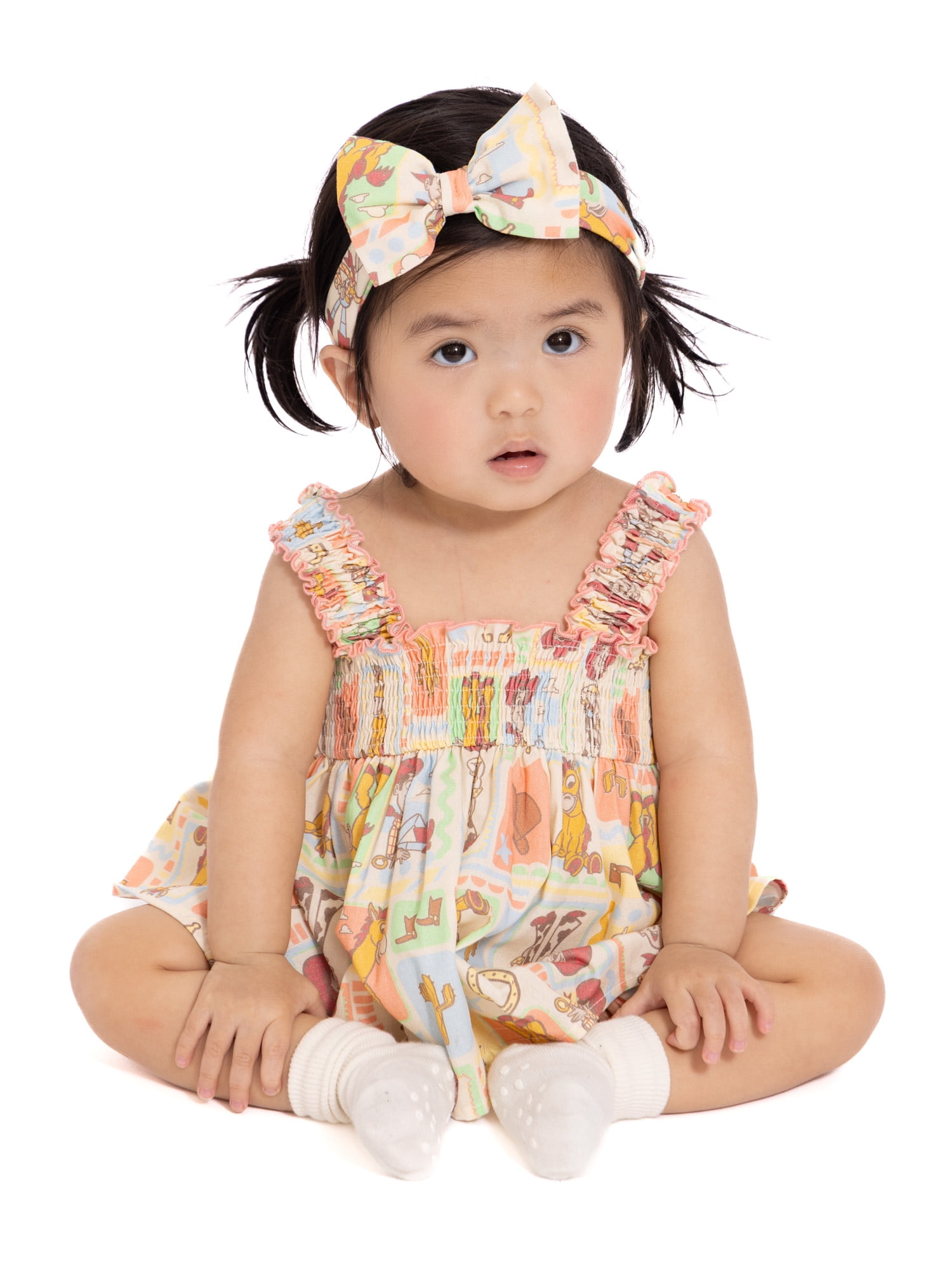 Disney Pixar Toy Story Baby Girls Smocked Cotton Tank Top, Shorts and Headband 3-Piece Set (Multi-Color, 0-24 Months) unblt