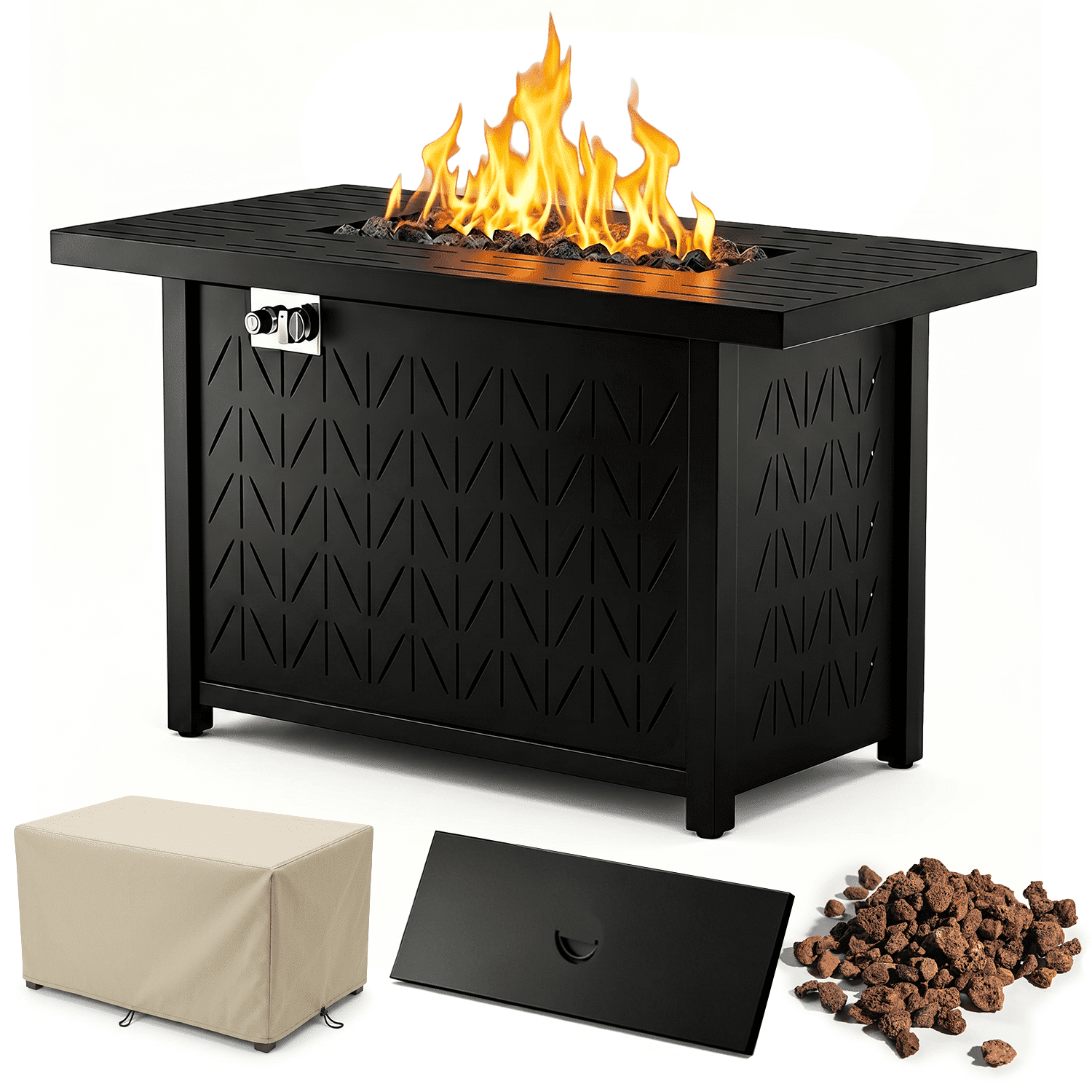Vornel 43 in Rectangular Propane Fire Pit Table, 50000 BTU 2-in-1 Gas Fire Table with Lid and Cover (Black, 43 in) yeym8