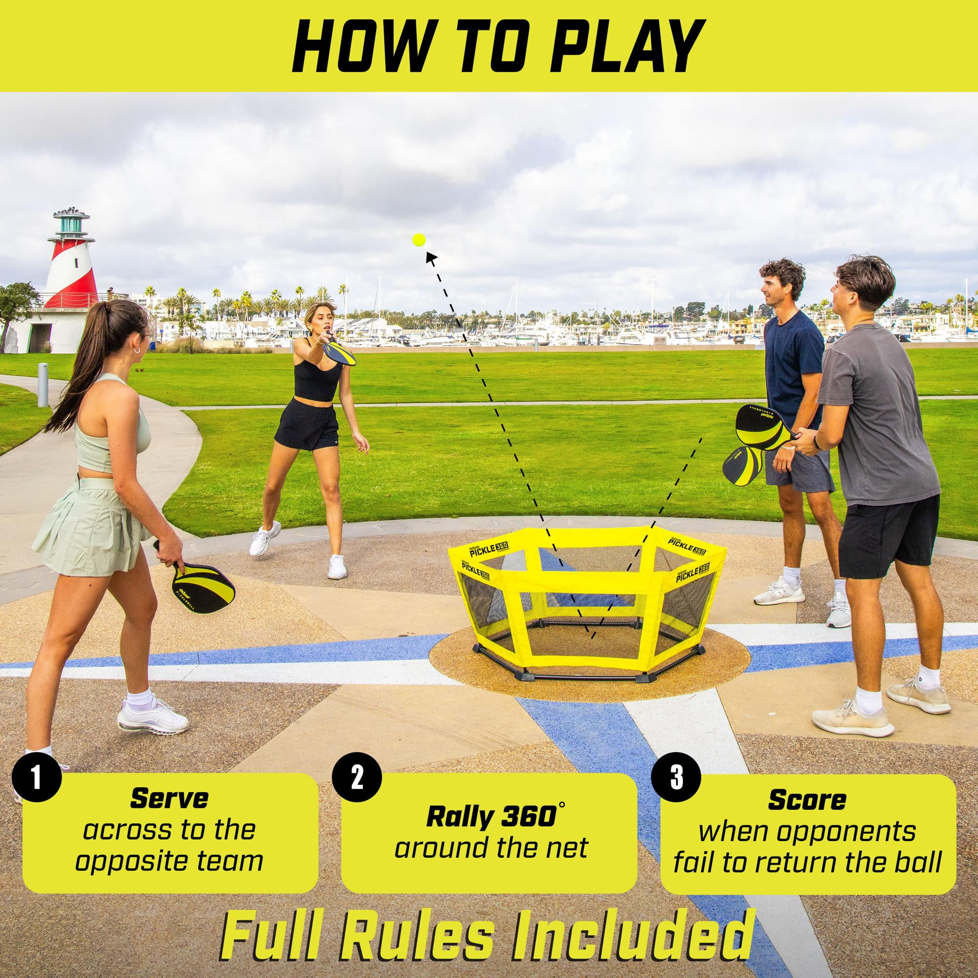 GoSports Pickle 360 Hardcourt Game Set, Hybrid Pickleball & Roundnet Paddle Ball (Yellow, 4-Player Set) ibuwl