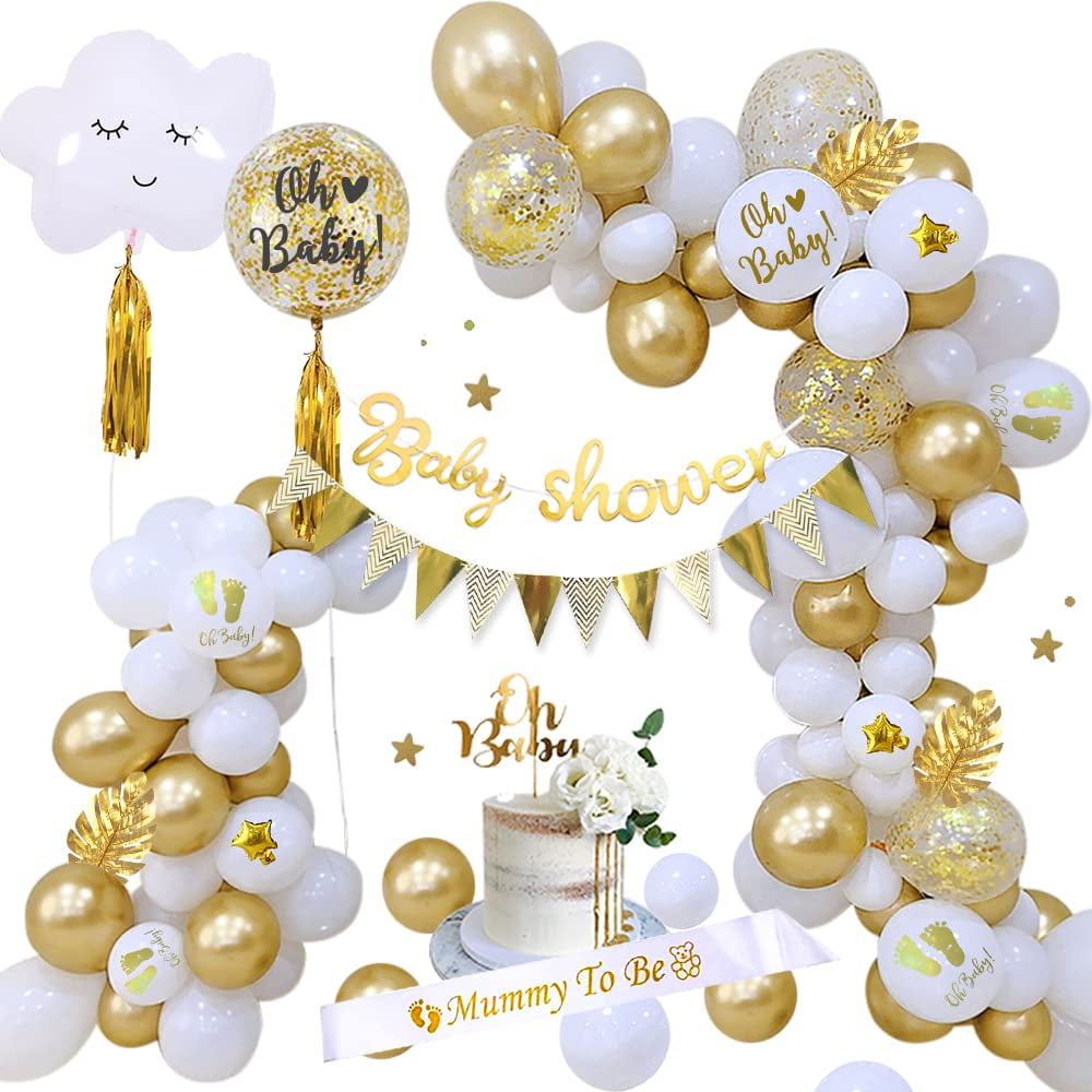 Yansion Baby Shower Decoration Set with White Gold Confetti Balloons Garland Arch and Mommy To Be Sash (56 Piece Set) gbtds