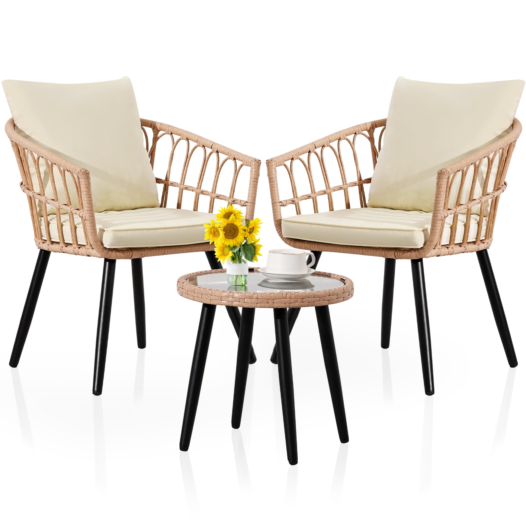 Ainfox 3-Piece Outdoor Wicker Bistro Set, All-Weather Rattan Chairs with Washable Cushions and Tempered Glass Table (Beige, 3-Piece Set) fsrfz