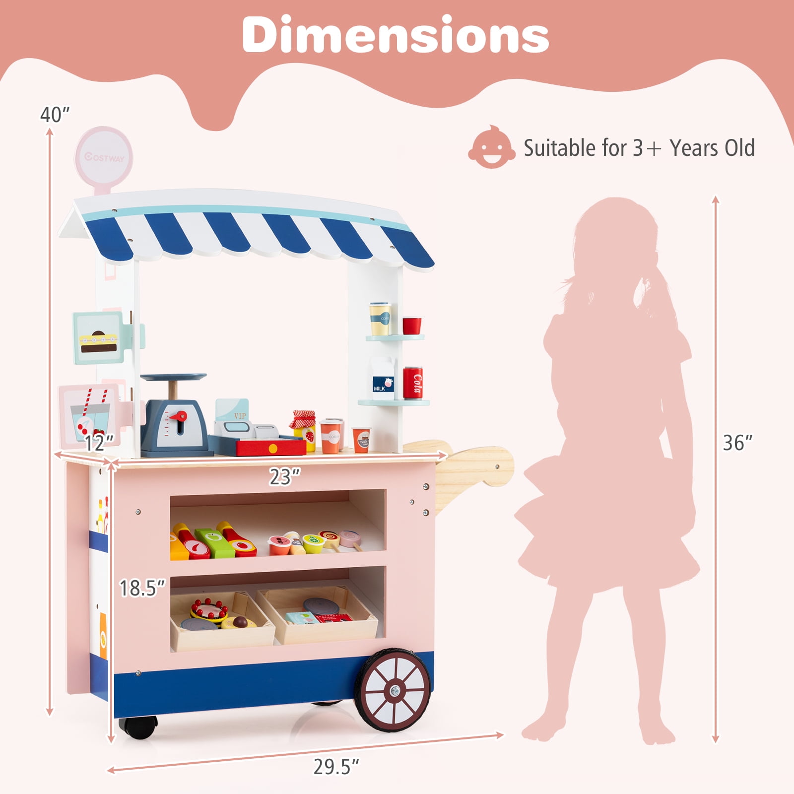 Costway Kids Snacks and Sweets Food Cart Play Set with 30 Accessories (Pink, 30 Piece Set) v72kq