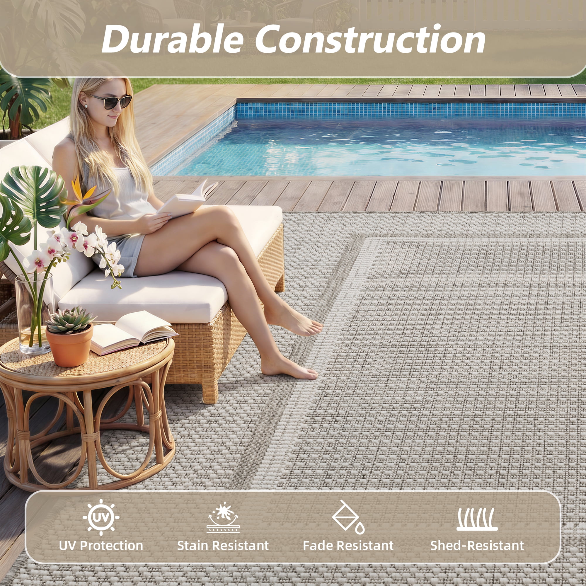 SIXHOME Outdoor Rug Modern Bordered Indoor Outdoor Patio Carpet (Neutral Gray, 9 ft x 12 ft) smlmv