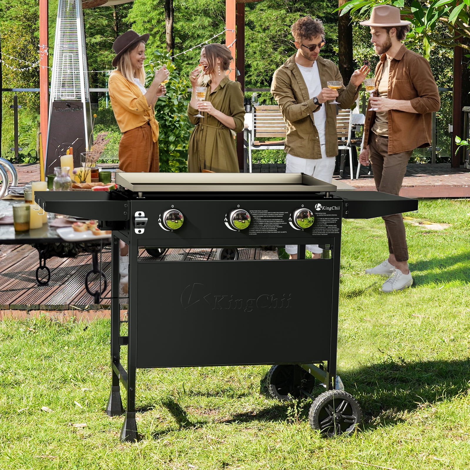 KingChii 3-Burner Propane Griddle Outdoor Flat Top Gas Grill with Side Shelves (Black, 27 in) w1gqf