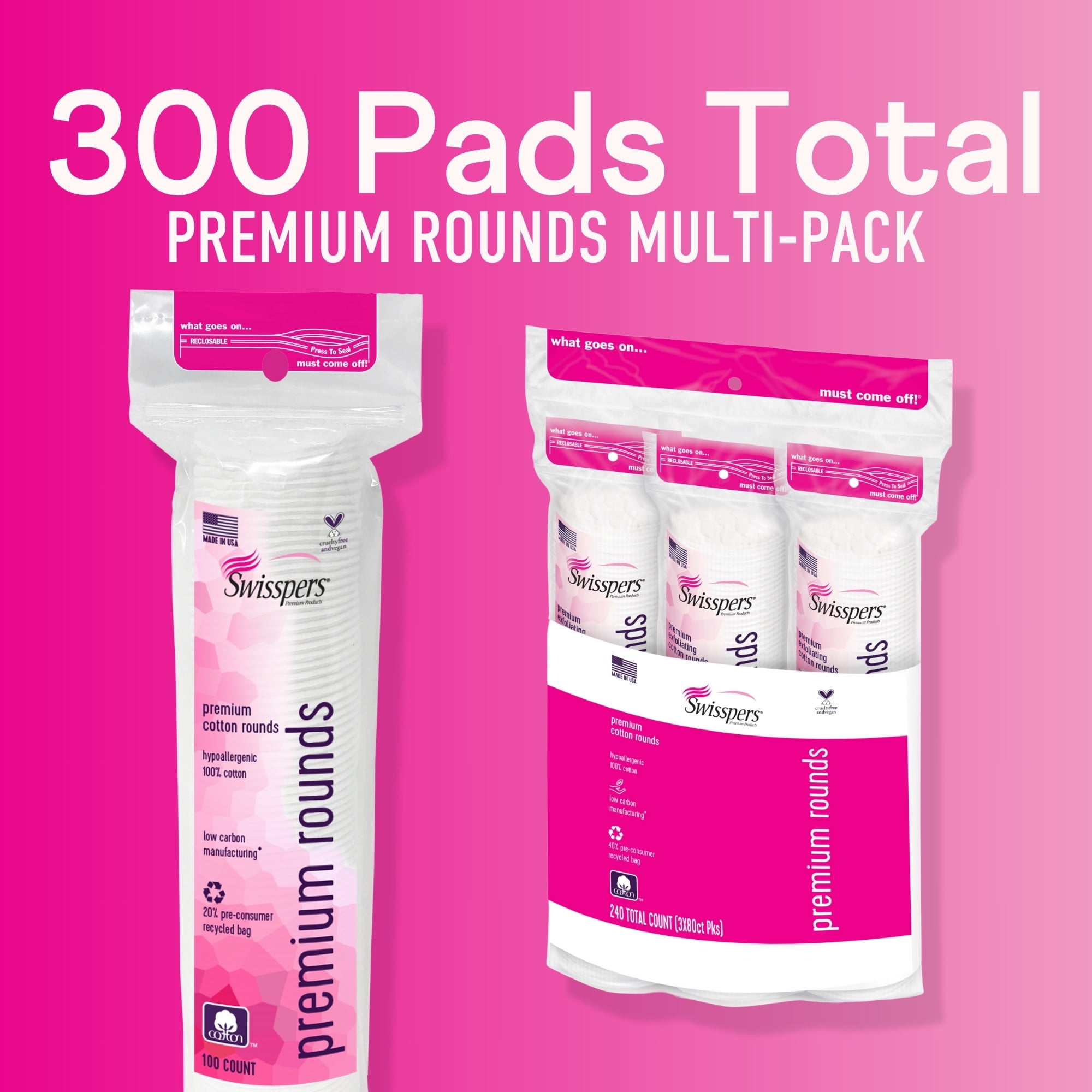 Swisspers Premium Cotton Rounds, Dual-Sided Hypoallergenic Facial Pads (300 Count) dc36x