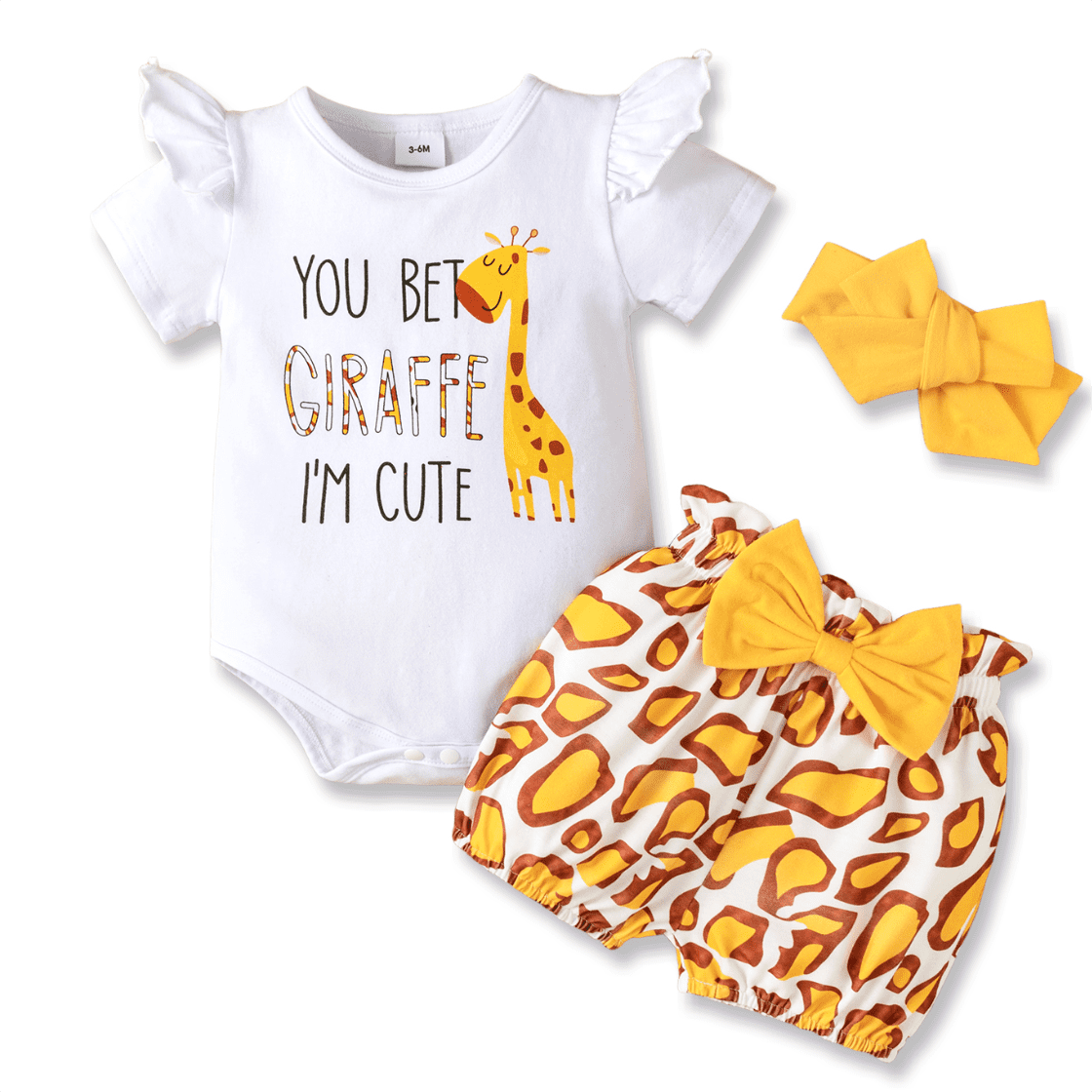 PatPat Baby Girl 3-Piece Outfit Set Giraffe Print Romper Shorts and Headband (Yellow, 0-3 Months) 78flh