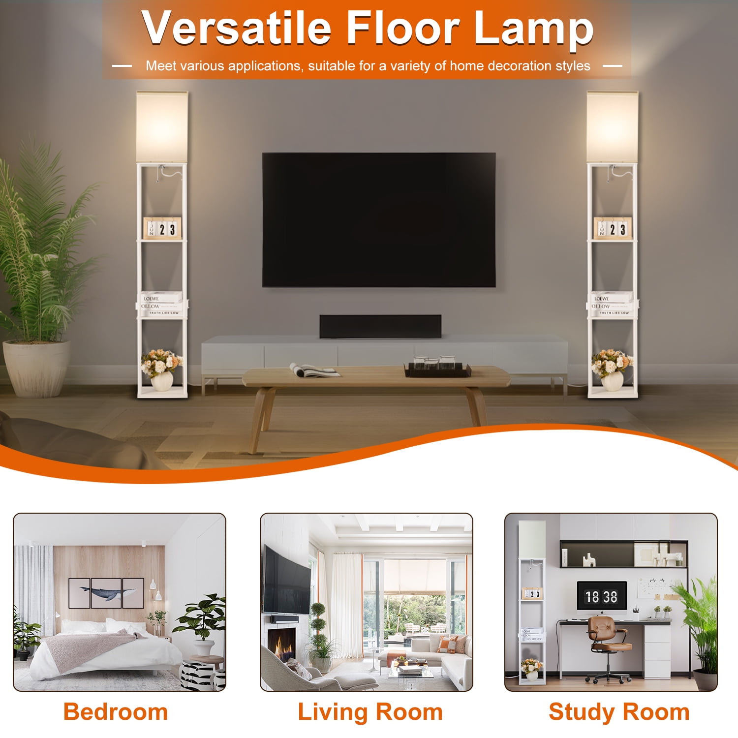 Vesteel Floor Lamp with Shelves, Modern Standing Lamp with 3-Color Adjustable LED Bulb (Black, 63 in) ef831
