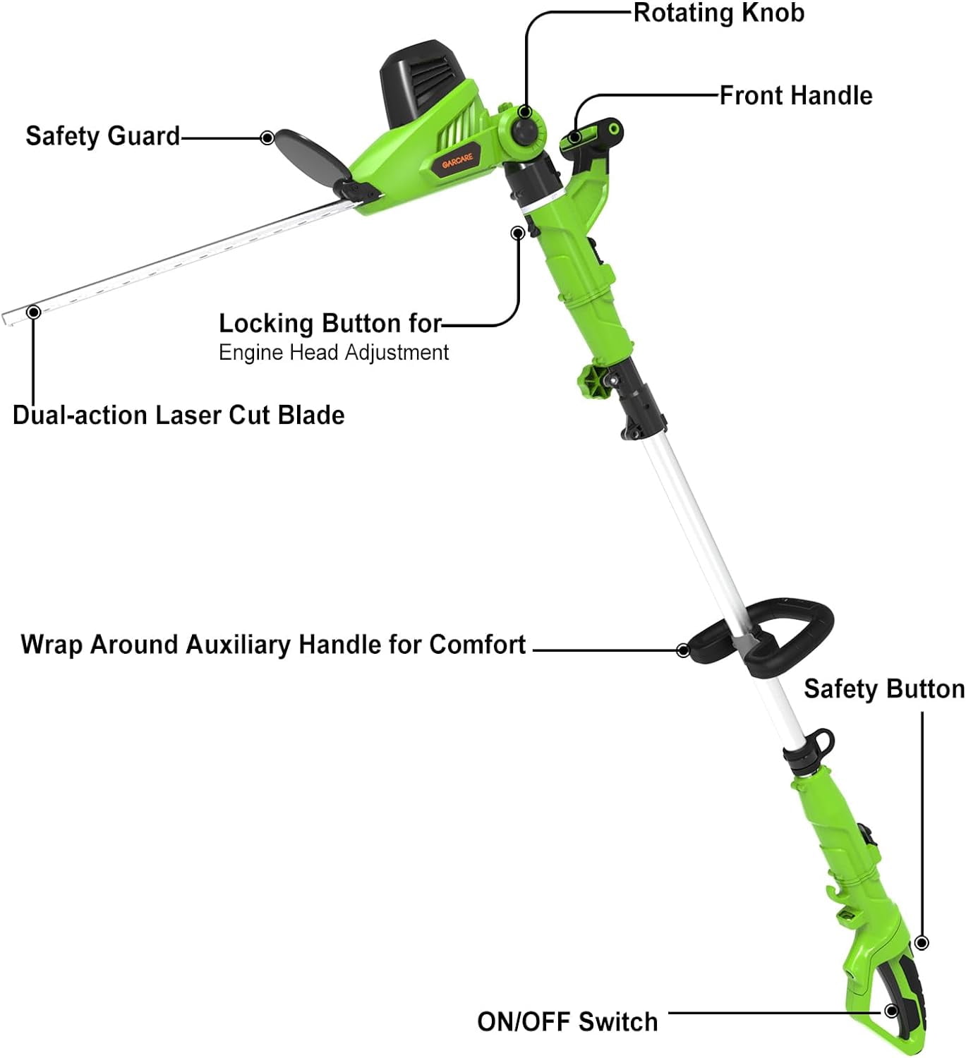 GarCare 2-in-1 Electric Pole Hedge Trimmer, Corded Garden Pruner with 18 in Dual-Action Blade (18 in) kwci5