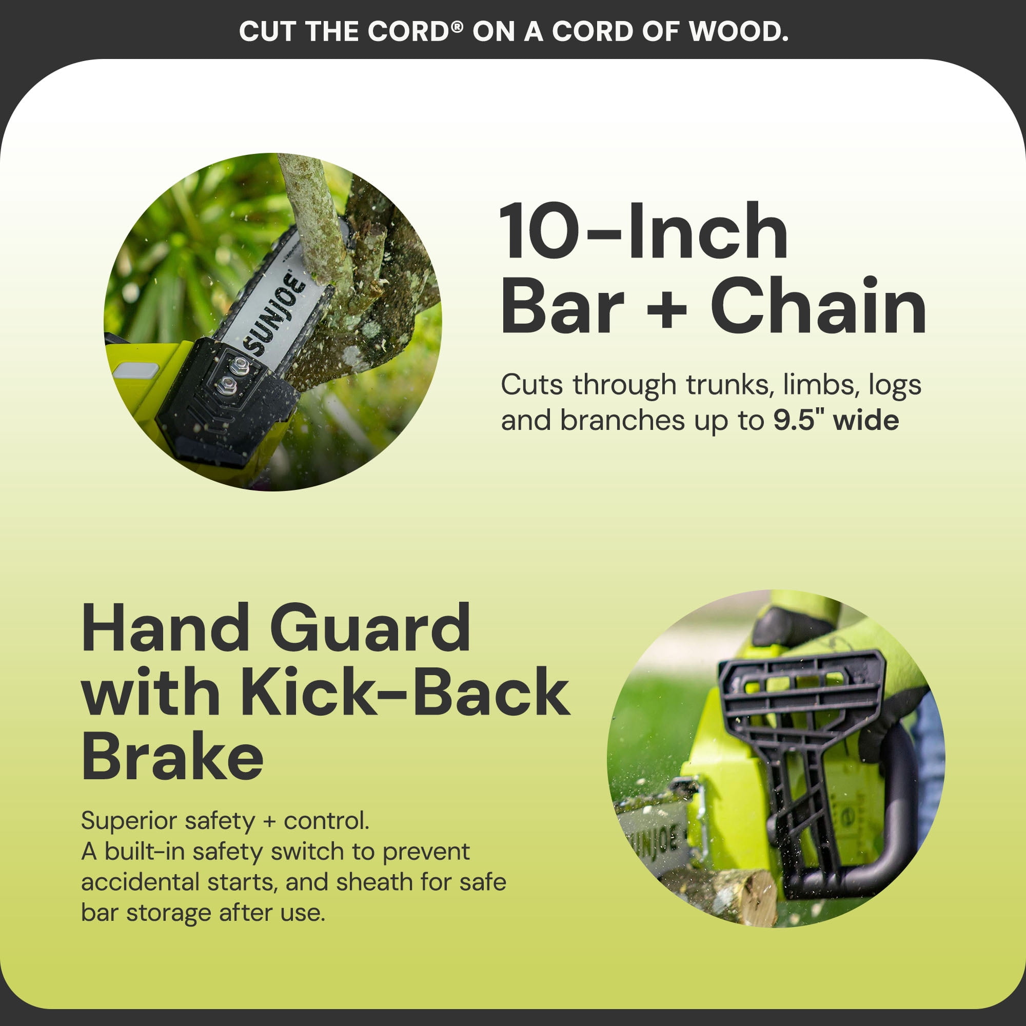 Sun Joe 10 in Cordless Chainsaw, 24V Wood Cutting Tool Kit with Battery and Charger (Green, 10 in) ync1r
