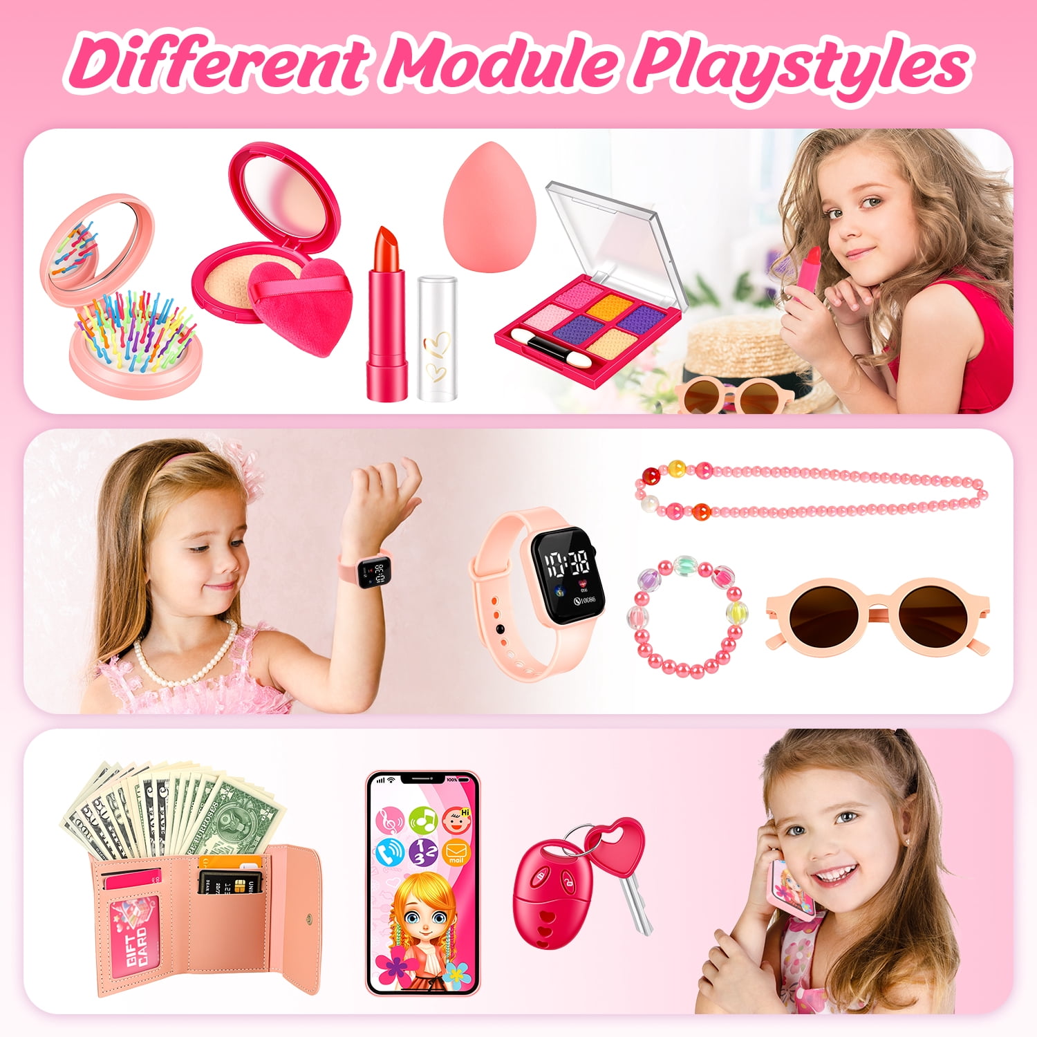 Flooyes Kids Makeup Toy Set Pretend Play Handbag with Necklace and Watch (Pink, 1 Set) api8t
