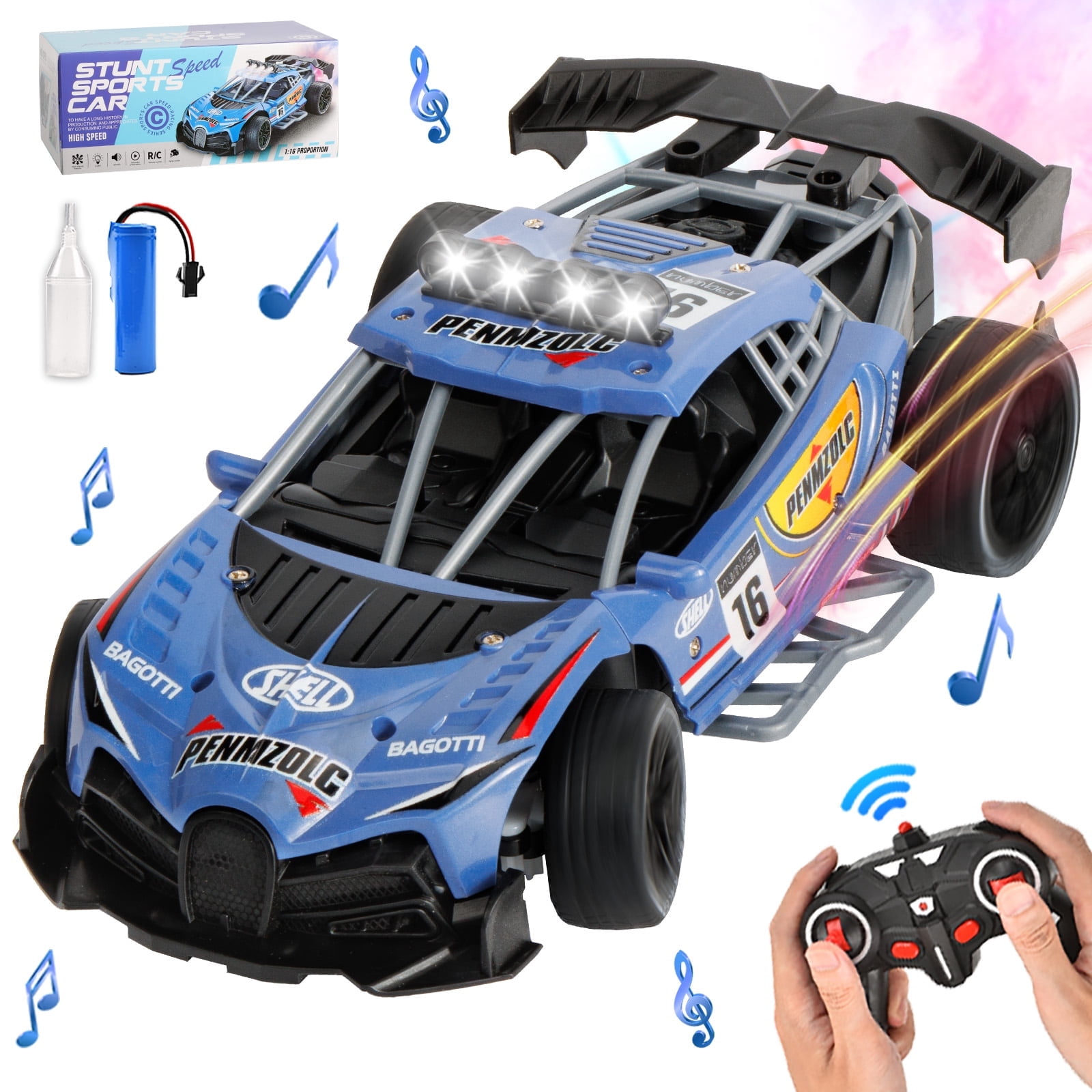 Kivdit Remote Control Car (1:16 Scale, 2.4GHz RC Drift Vehicle with LED Lights and Spray, Blue) k08mb