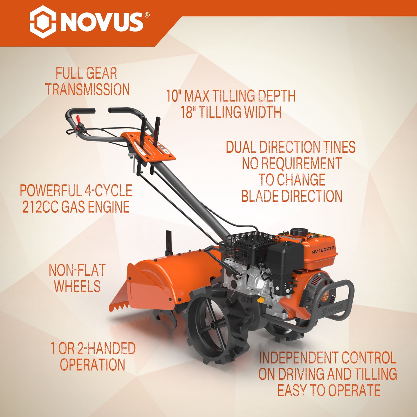 NOVUS 18-Inch Dual Direction Rear Tine Tiller, 212cc 4-Cycle Gas Engine, Heavy-Duty Garden Rototiller (18 in) ljano