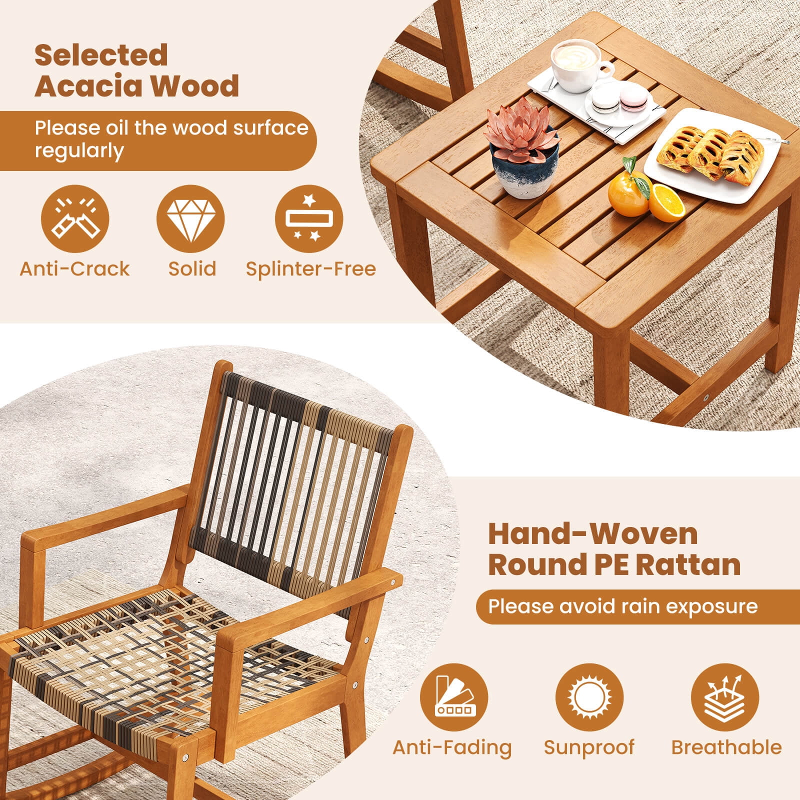 Costway 3 Piece Patio Rocking Bistro Set with Rattan Chairs and Square Side Table (Brown, 3 Piece Set) z81pt