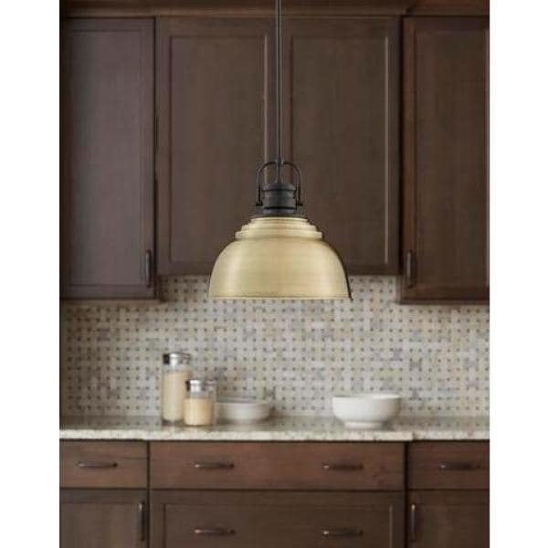 Home Decorators Collection Shelston Farmhouse Pendant Light Fixture, Antique Gold and Black Metal Shade (13 in. Diameter) 53jr2
