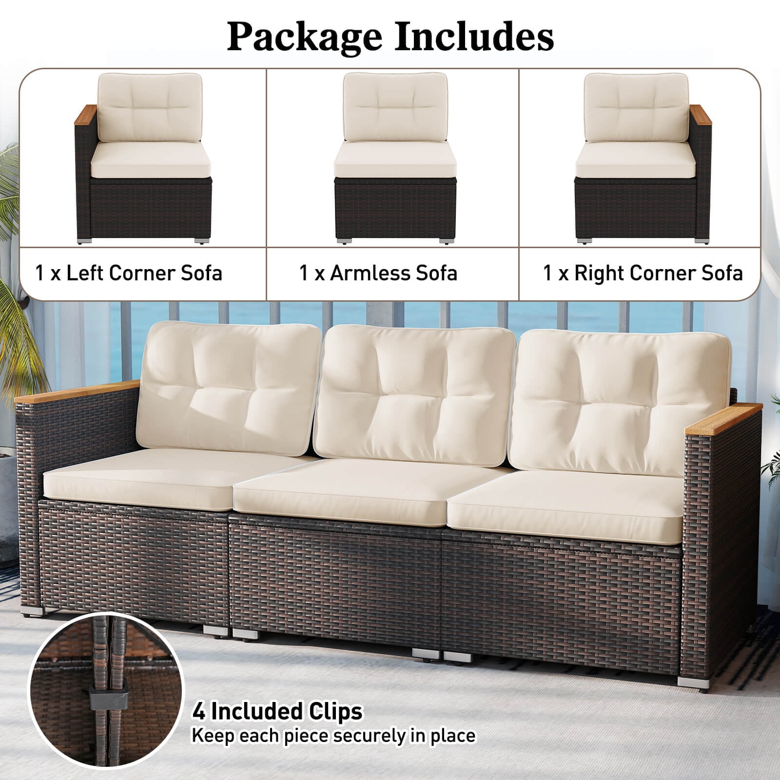 Costway 3-Seat Patio Sofa PE Rattan Wicker Outdoor Furniture Set (White, 76 in x 26 in x 25.5 in) 7z5df