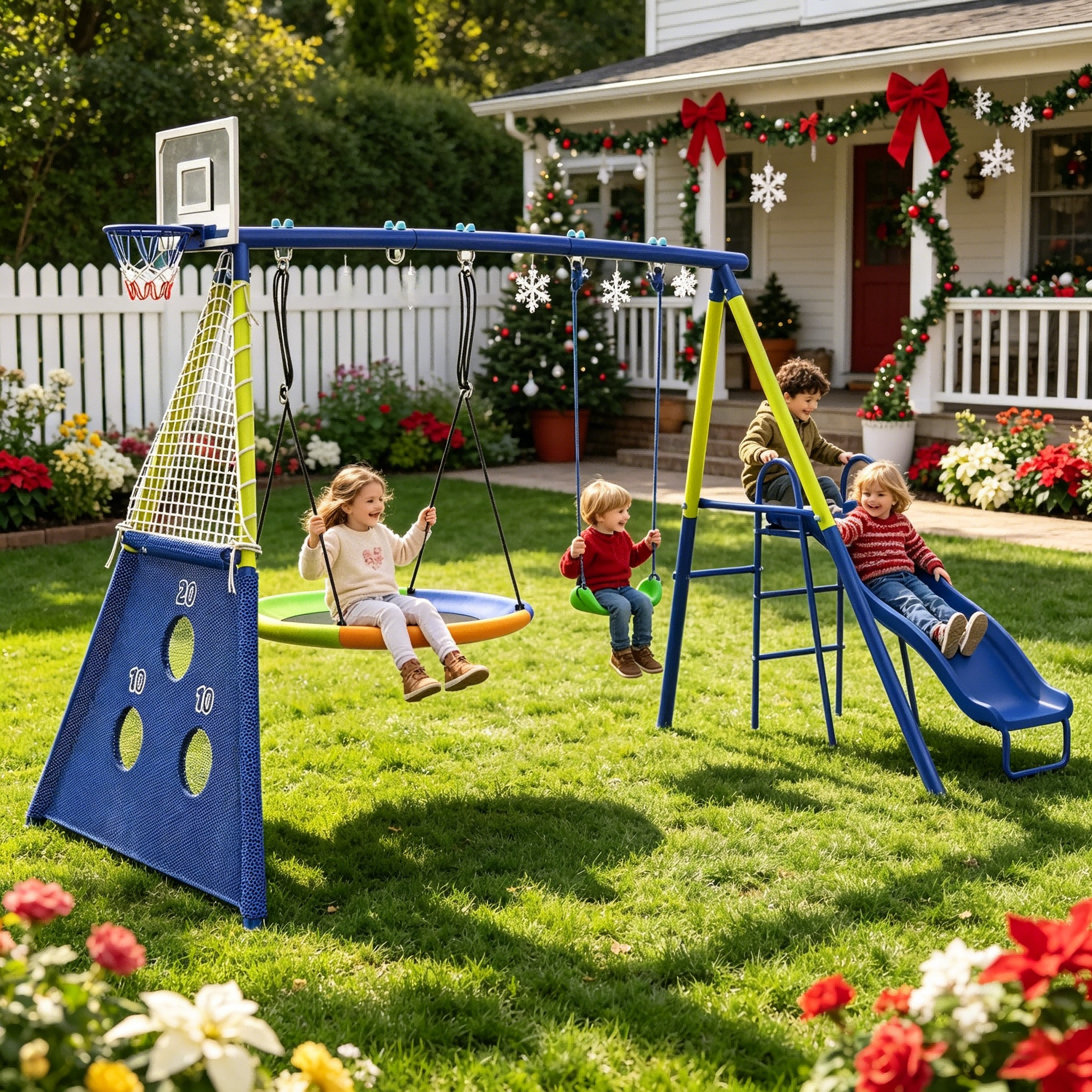 Shengchao Trade Metal Kids Swing Set, Heavy-Duty Outdoor A-Frame Playground with 2 Swings, Saucer Swing, and Sports Hoop (Blue, 75 in H x 67.7 in L x 136 in W) 4jmwx