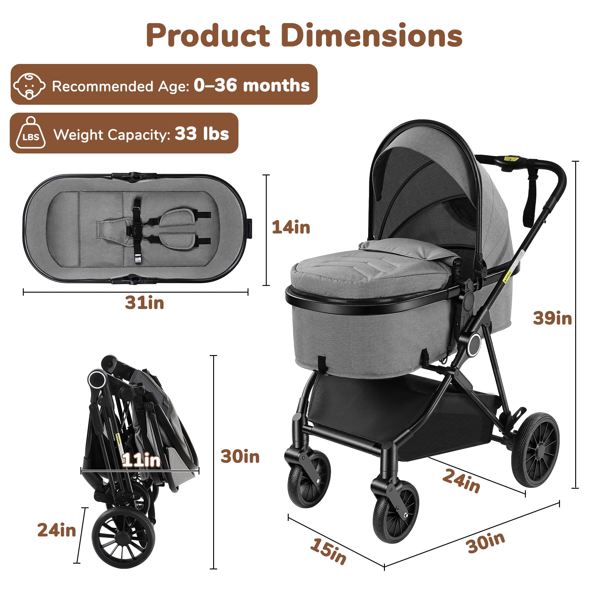 Vomeast Foldable Lightweight Travel Stroller with Reversible Seat and 5-Point Harness (Grey, 33 lb Capacity) 1lvg6