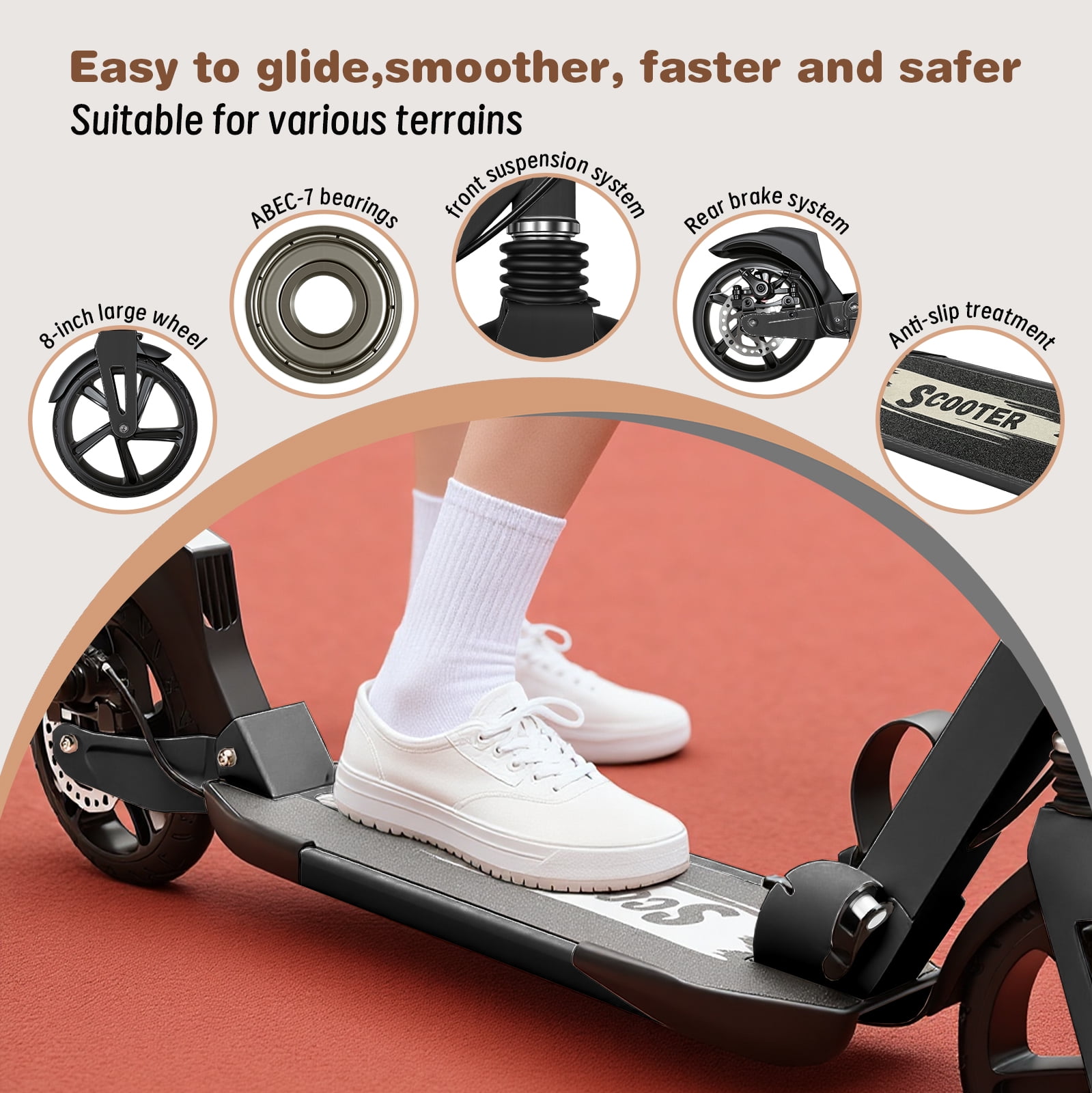 Duomigo Kick Scooter for Teens and Adults, Foldable Commuter Scooter with Hand Brake and 8 in Wheels (Black, 220 lb) pbg6k