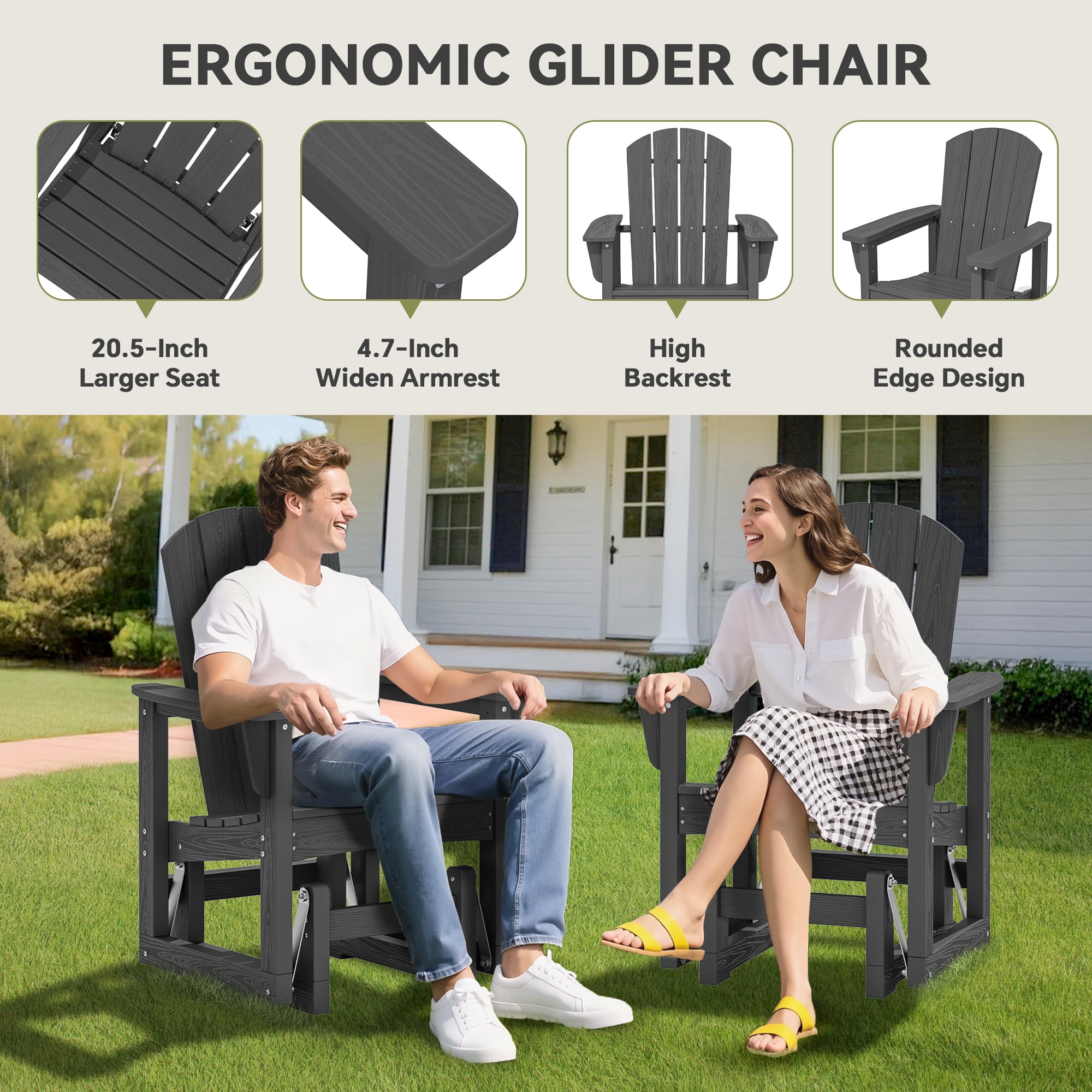 SERWALL Outdoor Glider Chair, All-Weather HDPE Patio Rocker with Ergonomic Design (Gray, 29.1 in W x 25.6 in D x 40.2 in H) 9lx8t