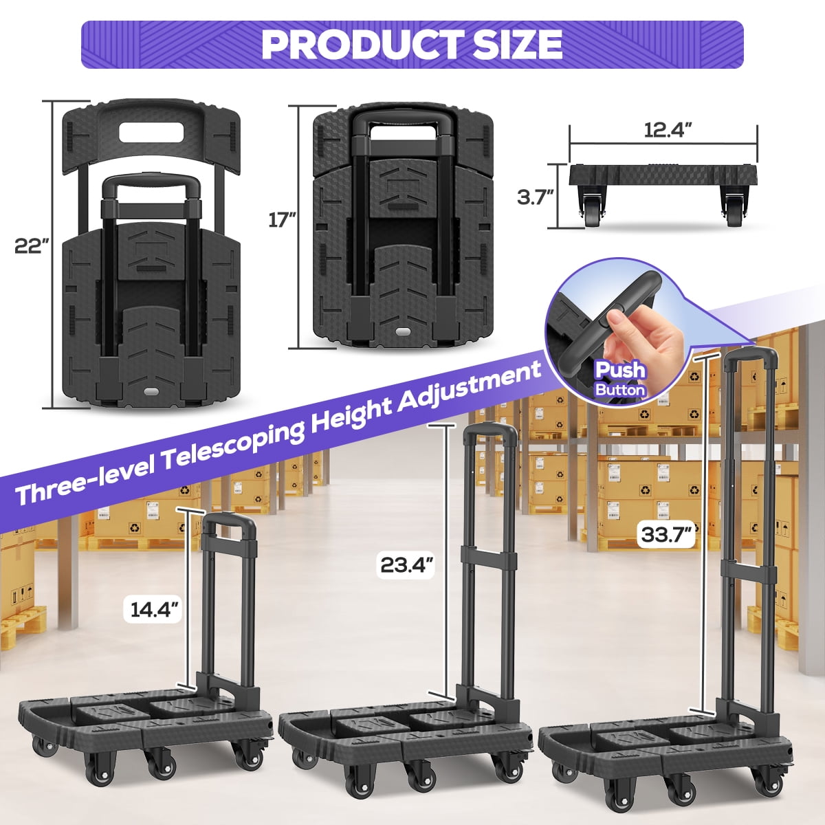 TNTANTS Folding Hand Truck, Heavy-Duty Portable Dolly Cart, 6-Wheel Collapsible Luggage Trolley with 3 Elastic Ropes (Black, 500 lb) 19z23