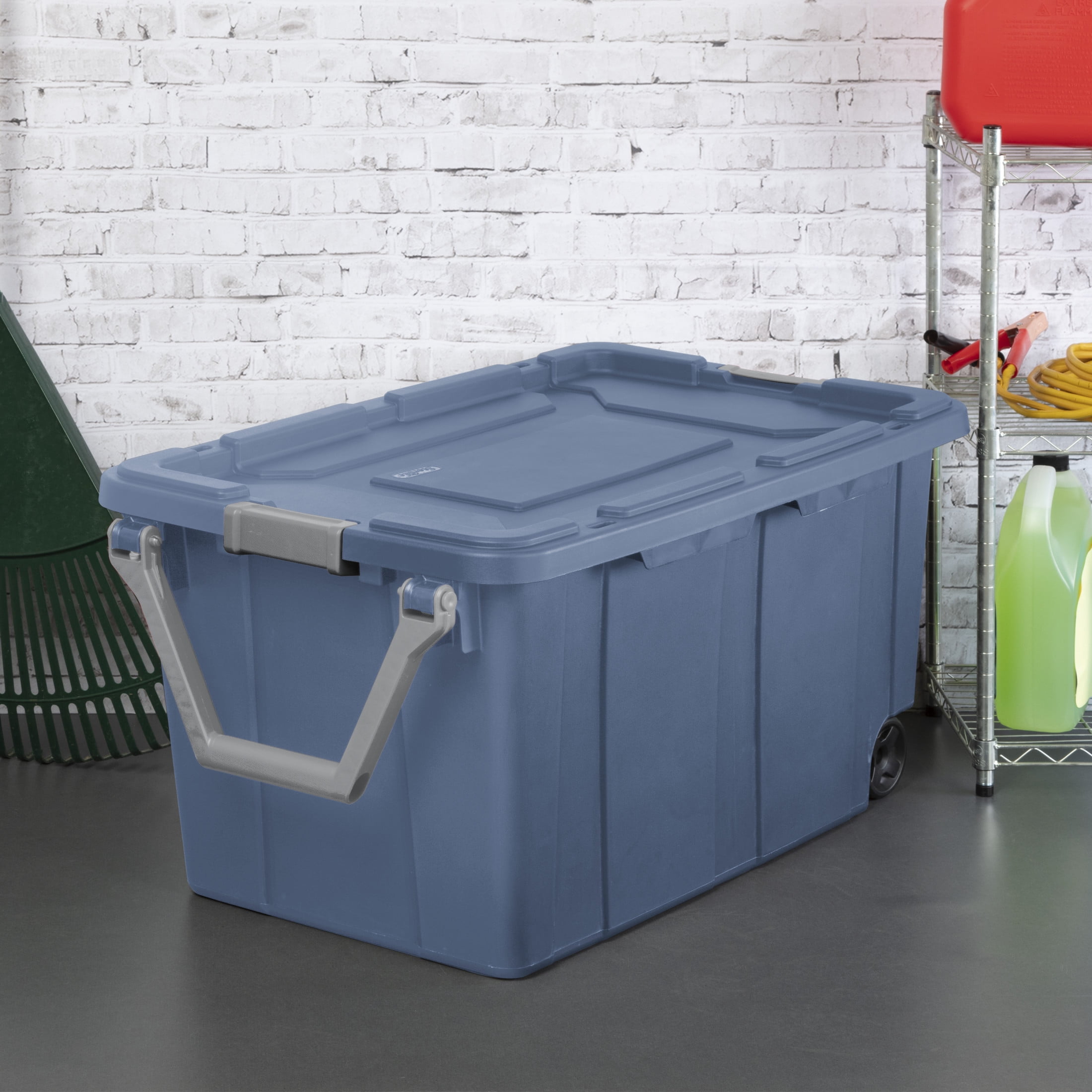 Sterilite Industrial Wheeled Storage Bin, Heavy-Duty Plastic Tote with Latching Lid and Pull Handle (Blue, 40 Gallon, 2 Pack) 1srgn