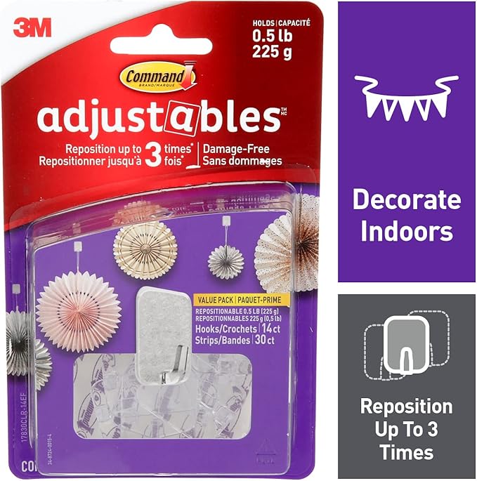Command Adjustable Mini Hooks, Damage-Free Wall Fasteners for Decorating (Clear, 42 Hooks) 3eoll