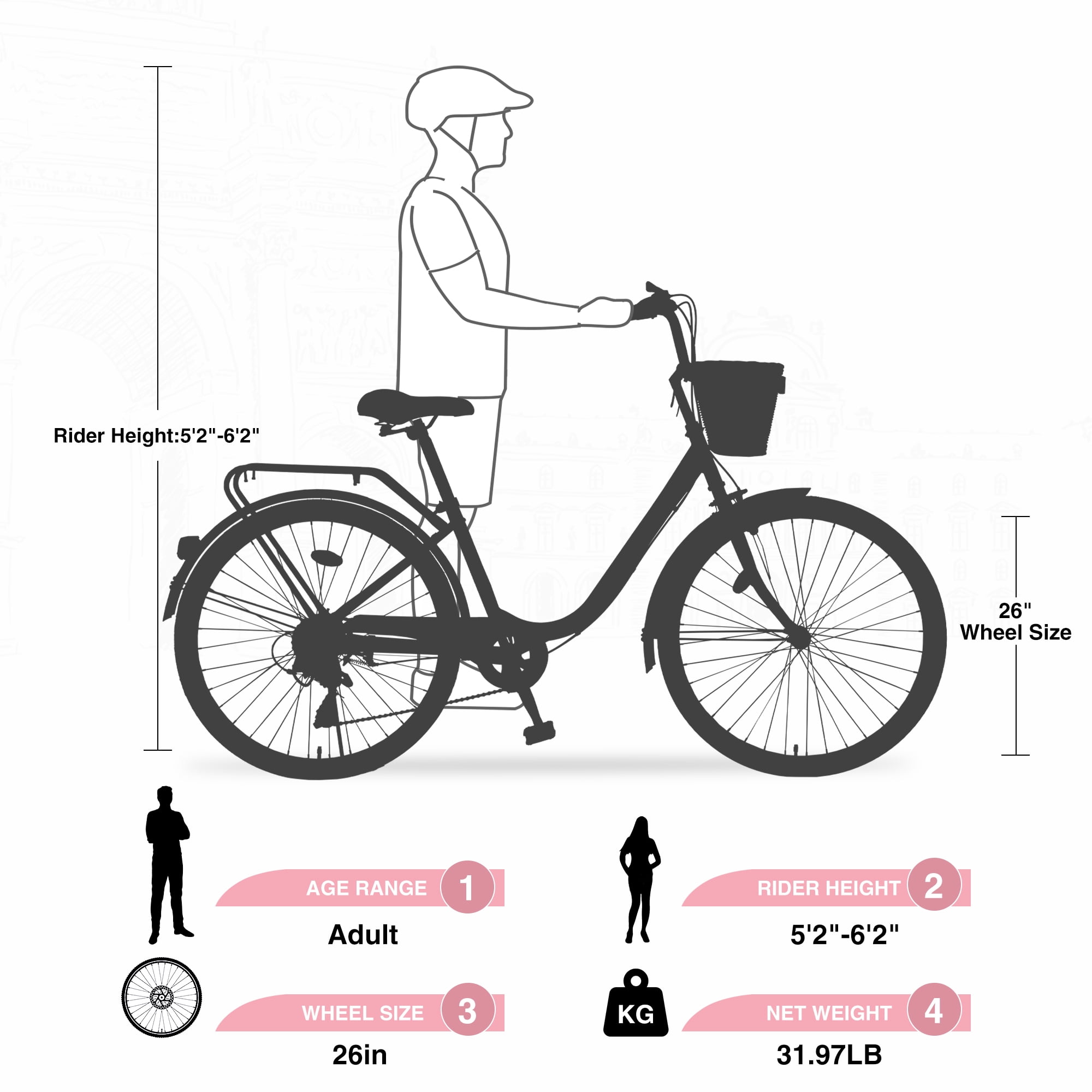 Ambifirner Women's Commuter Cruiser Bike, 7-Speed City Bicycle with Shock-Absorbing Tires (Pink, 26 in) gq9wc